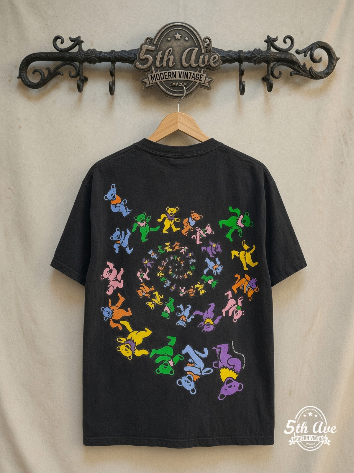 Grateful Dead – Colorful Spiral Bear – Vintage Band T-Shirt — back on locked cream ornate 5th Ave rack