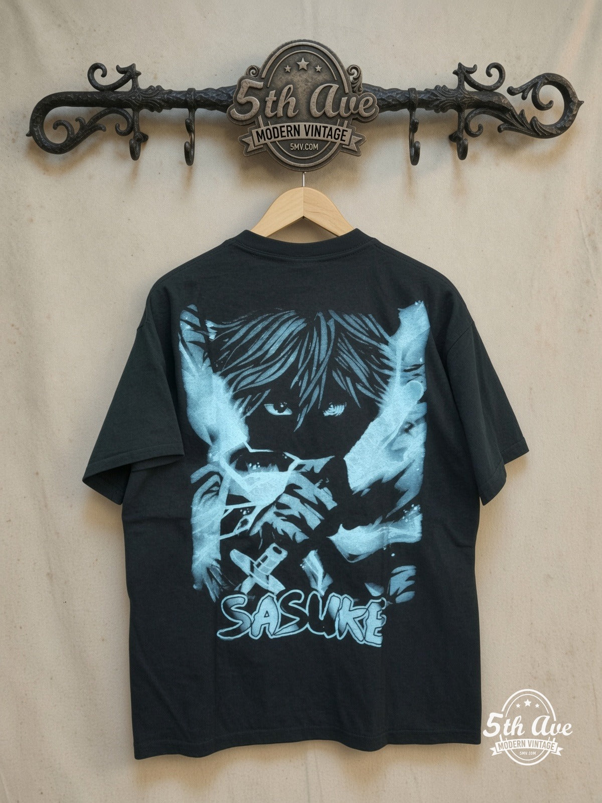 Naruto Shippuden – Sasuke Uchiha – New Vintage Anime Tee — back on locked cream ornate 5th Ave rack