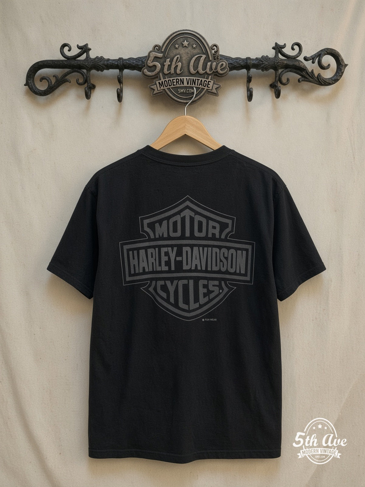 Harley-Davidson – Looney Tunes Taz-Mania Harley Davidson Retro T-Shirt – New Vintage Graphic Tee — back on locked cream ornate 5th Ave rack