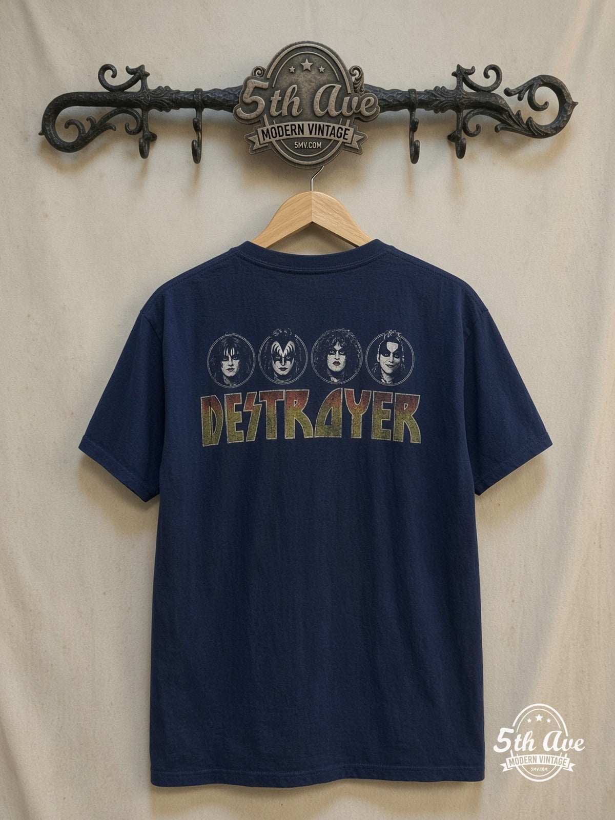 KISS – Destroyer – Vintage Band T-Shirt — back on locked cream ornate 5th Ave rack