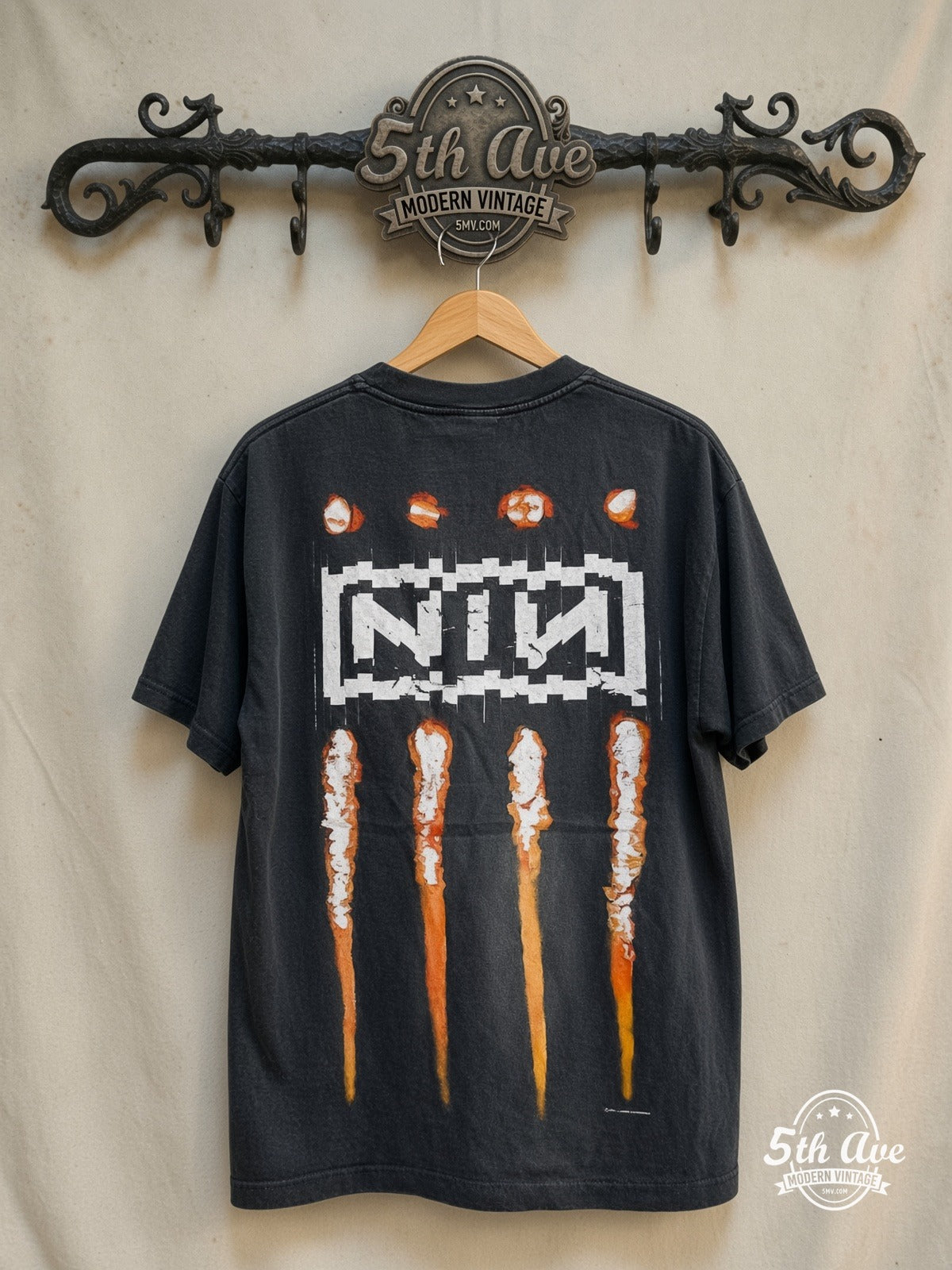 Nine Inch Nails – NIИ 'The Downward Spiral' 1994 – Vintage Band T-Shirt — back on locked cream ornate 5th Ave rack