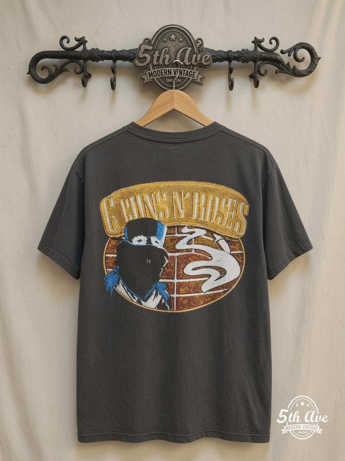 Guns N Roses T-Shirt Retro Rock Band Graphic Style — back on locked cream ornate 5th Ave rack