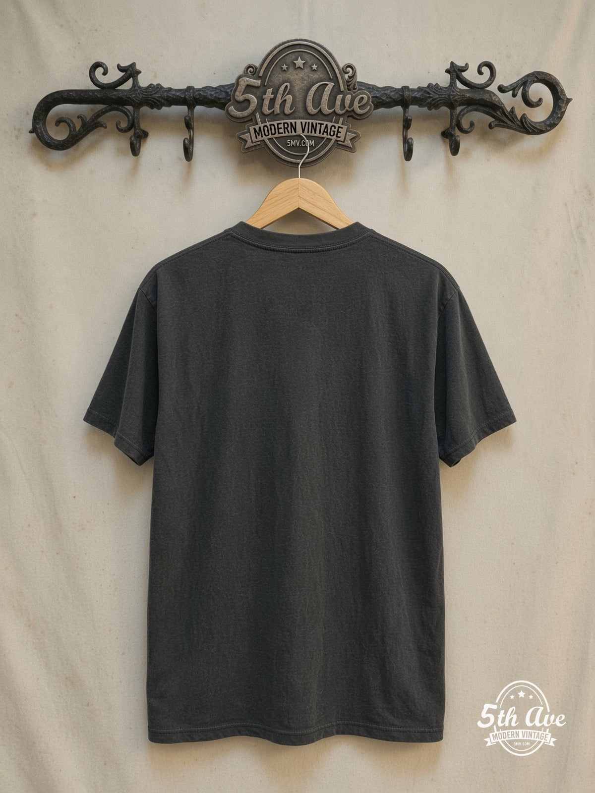 King Crimson – Epitaph Schizoid Man Washed Black – Vintage Band T-Shirt — back on locked cream ornate 5th Ave rack