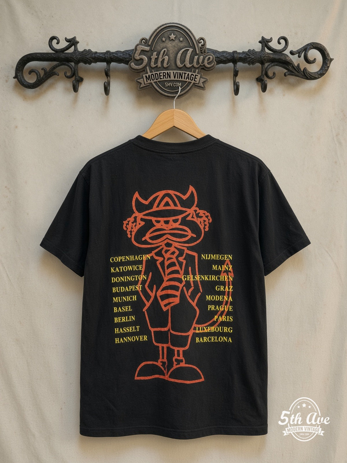 AC/DC – Are You Ready? European Tour – Vintage Band T-Shirt — back on locked cream ornate 5th Ave rack