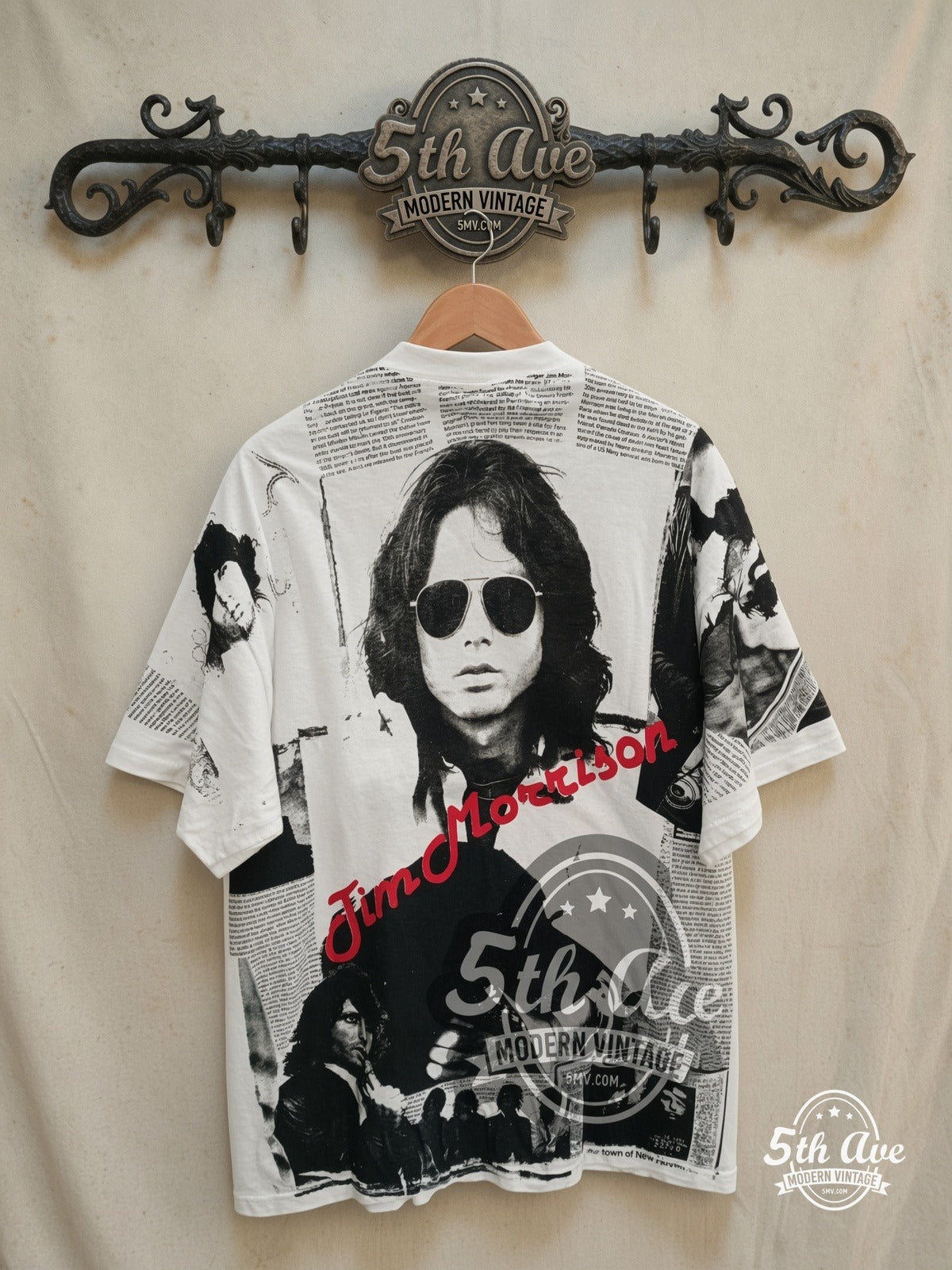 The Doors – Jim Morrison Newspaper AOP – Vintage Band T-Shirt — back on locked cream ornate 5th Ave rack