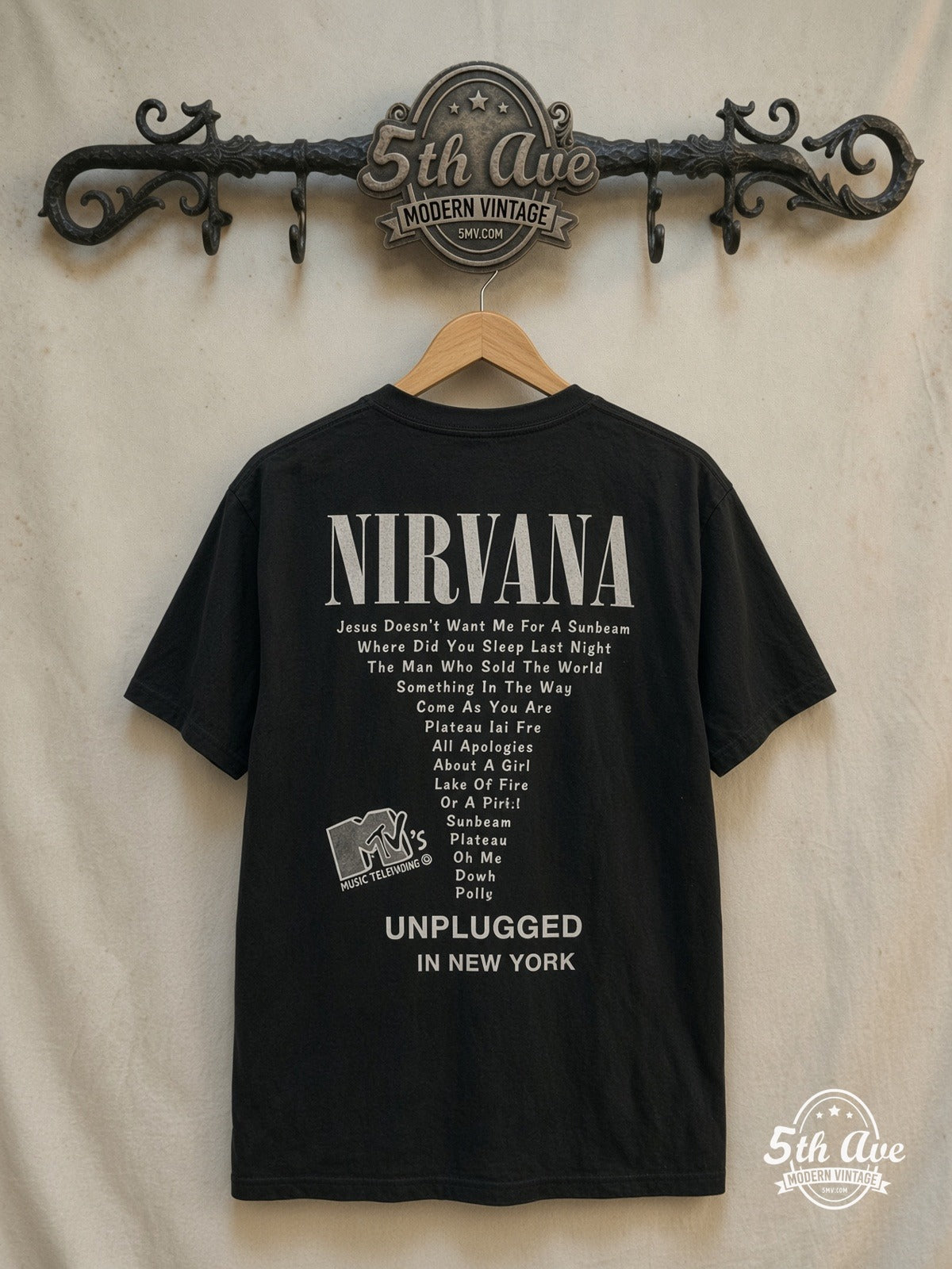 Nirvana Long Sleeve T-Shirt — back on locked cream ornate 5th Ave rack