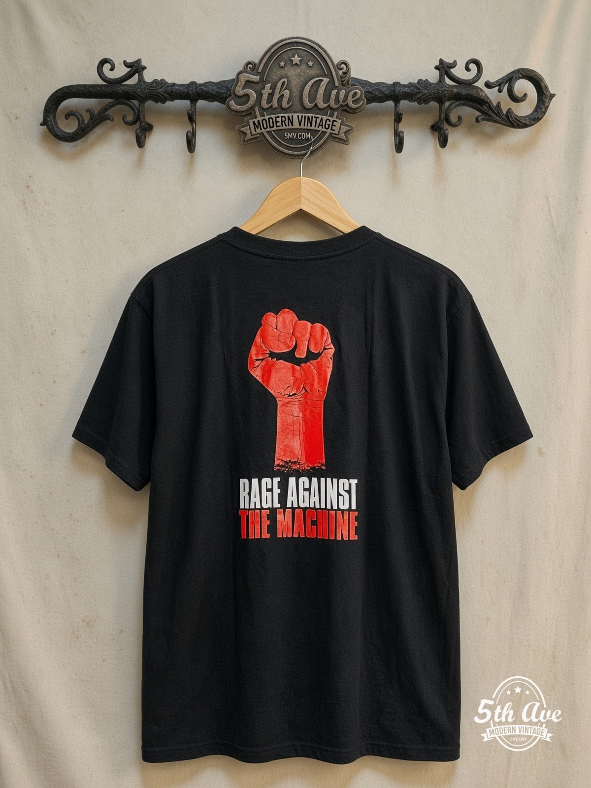 Rage Against the Machine – Evil Empire Boy Yellow Logo – Vintage Band T-Shirt — back on locked cream ornate 5th Ave rack