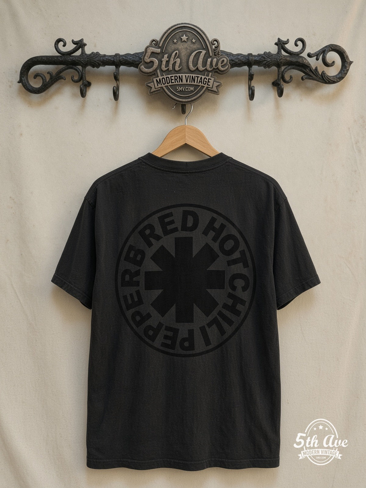 Red Hot Chili Peppers – 1990 – Vintage Band T-Shirt — back on locked cream ornate 5th Ave rack