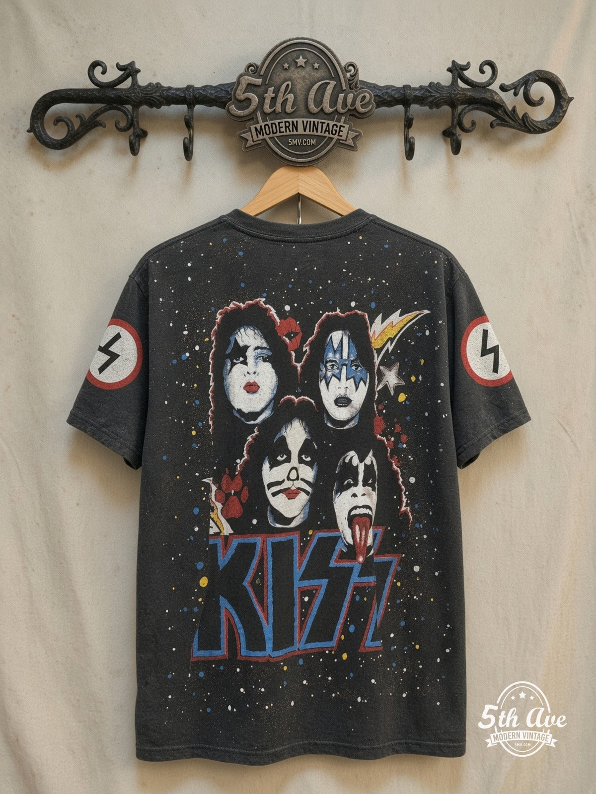 KISS – KIϟϟ – All Over Print – Vintage Band T-Shirt — back on locked cream ornate 5th Ave rack