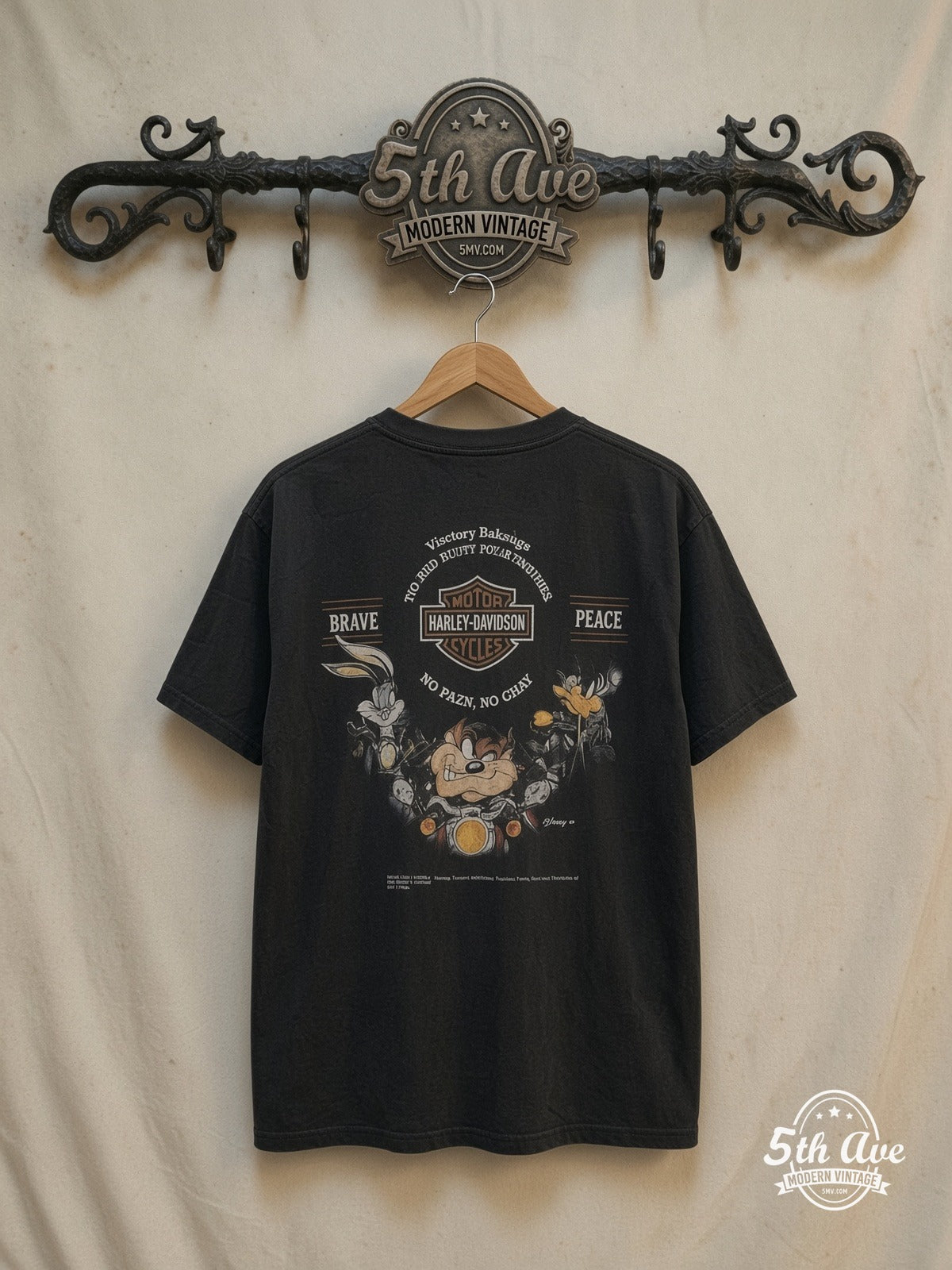 Taz Bugs Harley-Davidson T-Shirt — back on locked cream ornate 5th Ave rack