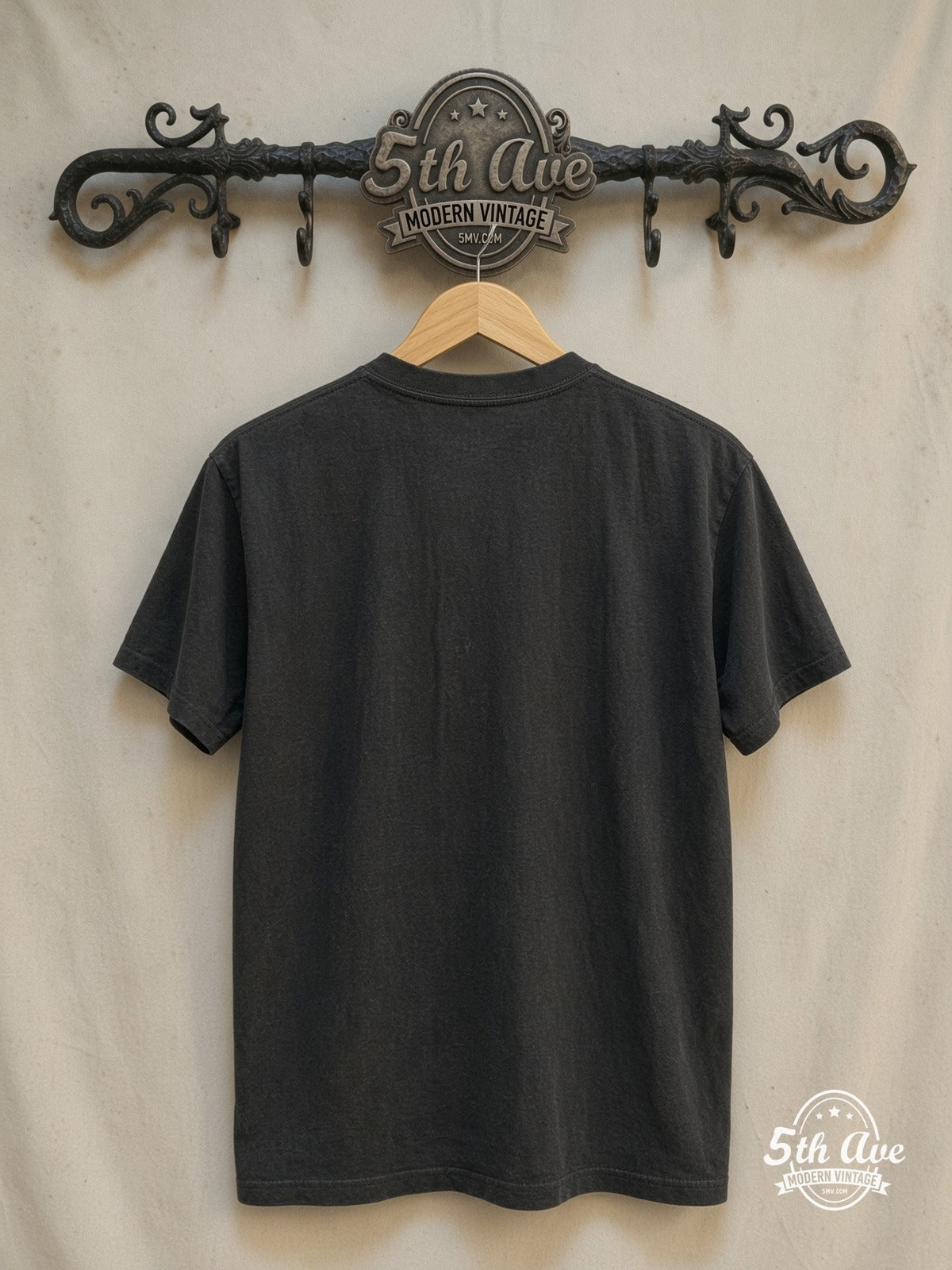 Neil Young – Acoustic Guitar Bass Case Portrait – Vintage Band T-Shirt — back on locked cream ornate 5th Ave rack