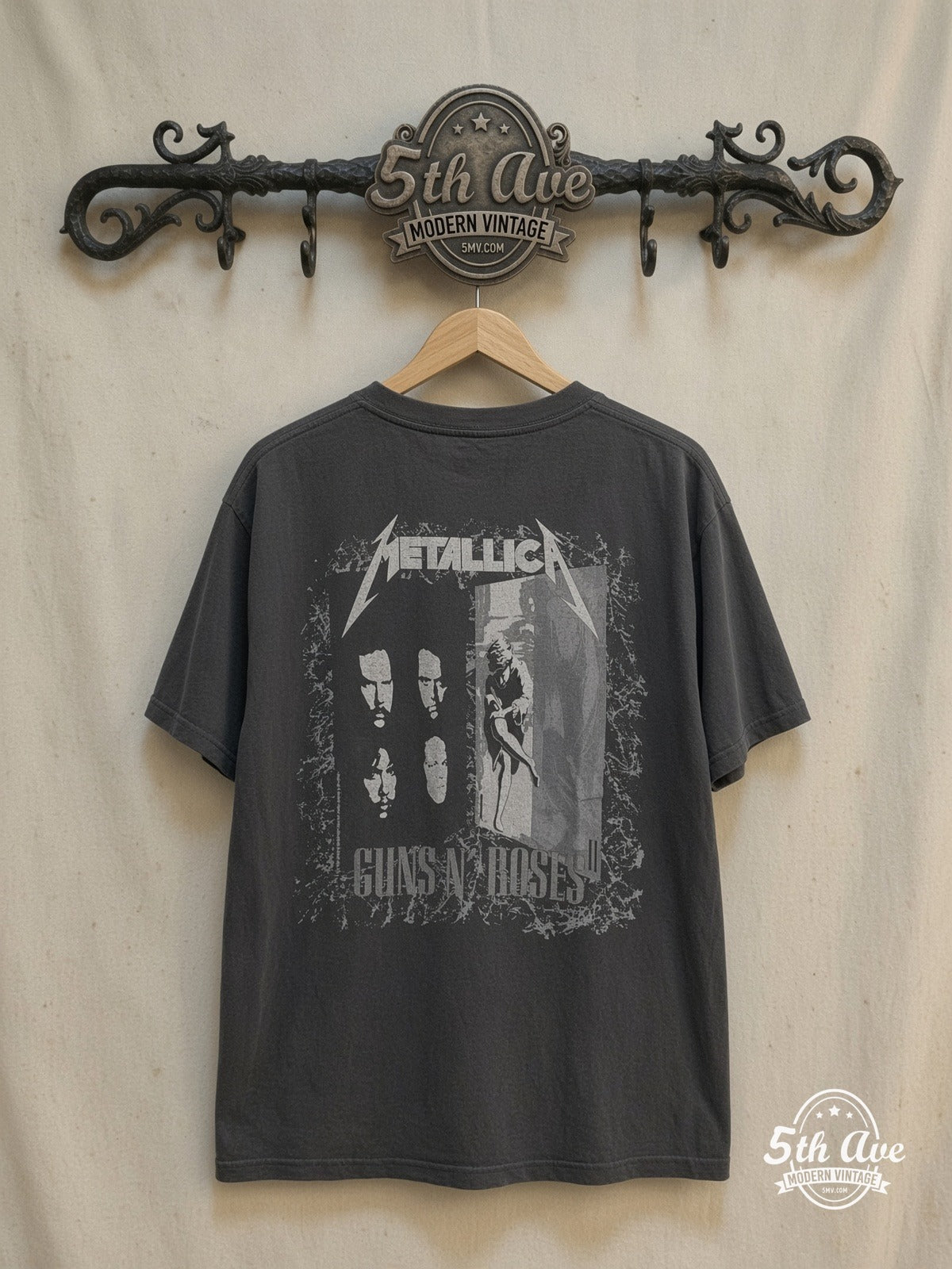 Metallica and Guns N' Roses – Stadium Tour 1992 – Vintage Band T-Shirt — back on locked cream ornate 5th Ave rack