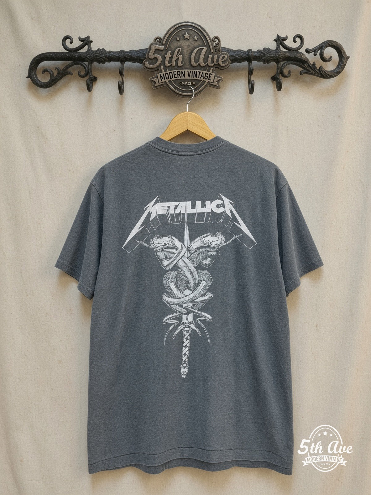 Metallica – Sad But True Twin Skulls Glass – Vintage Band T-Shirt — back on locked cream ornate 5th Ave rack
