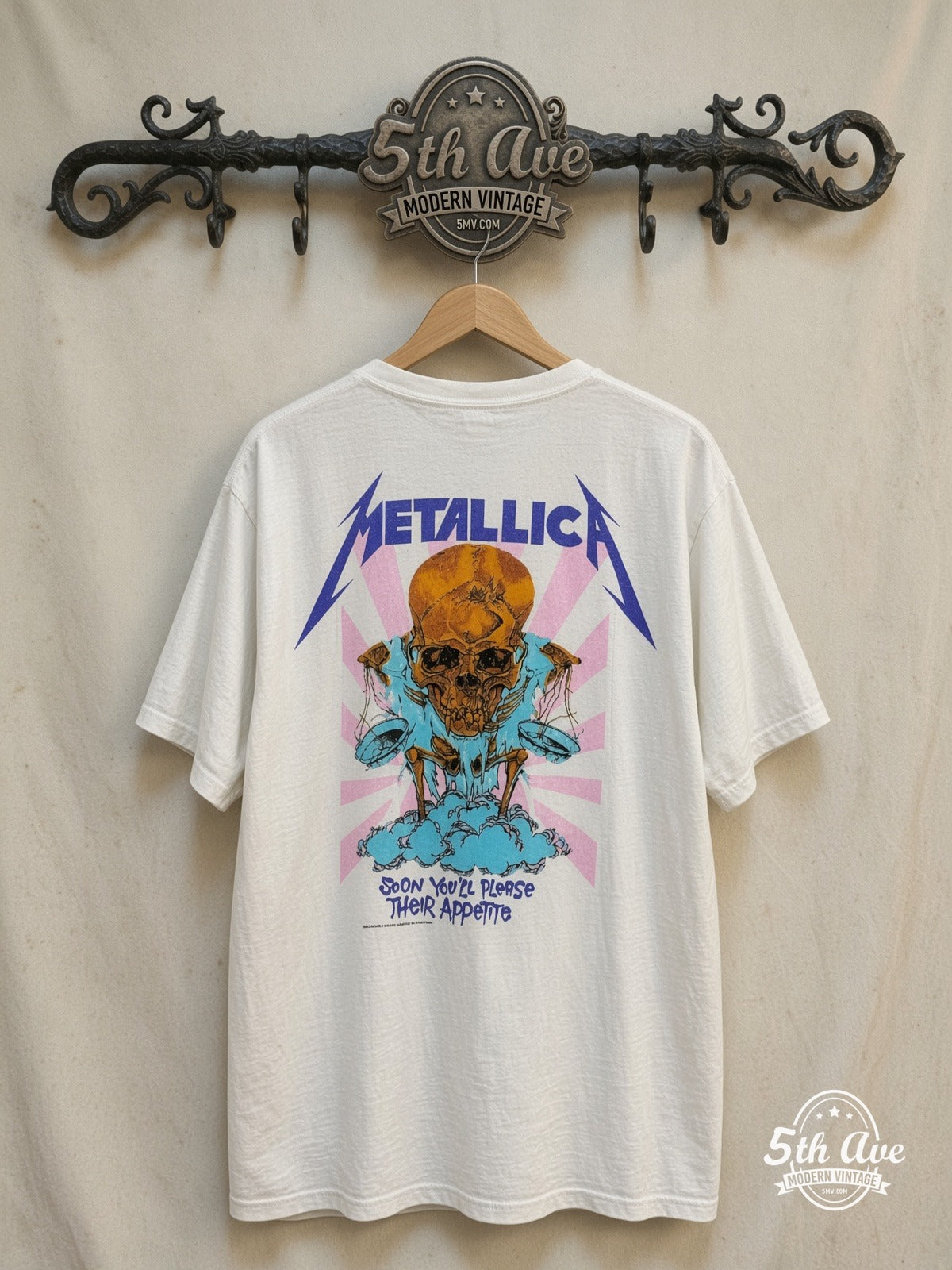 Metallica – Their Money Tips Her Scales Again – Vintage Band T-Shirt — back on locked cream ornate 5th Ave rack