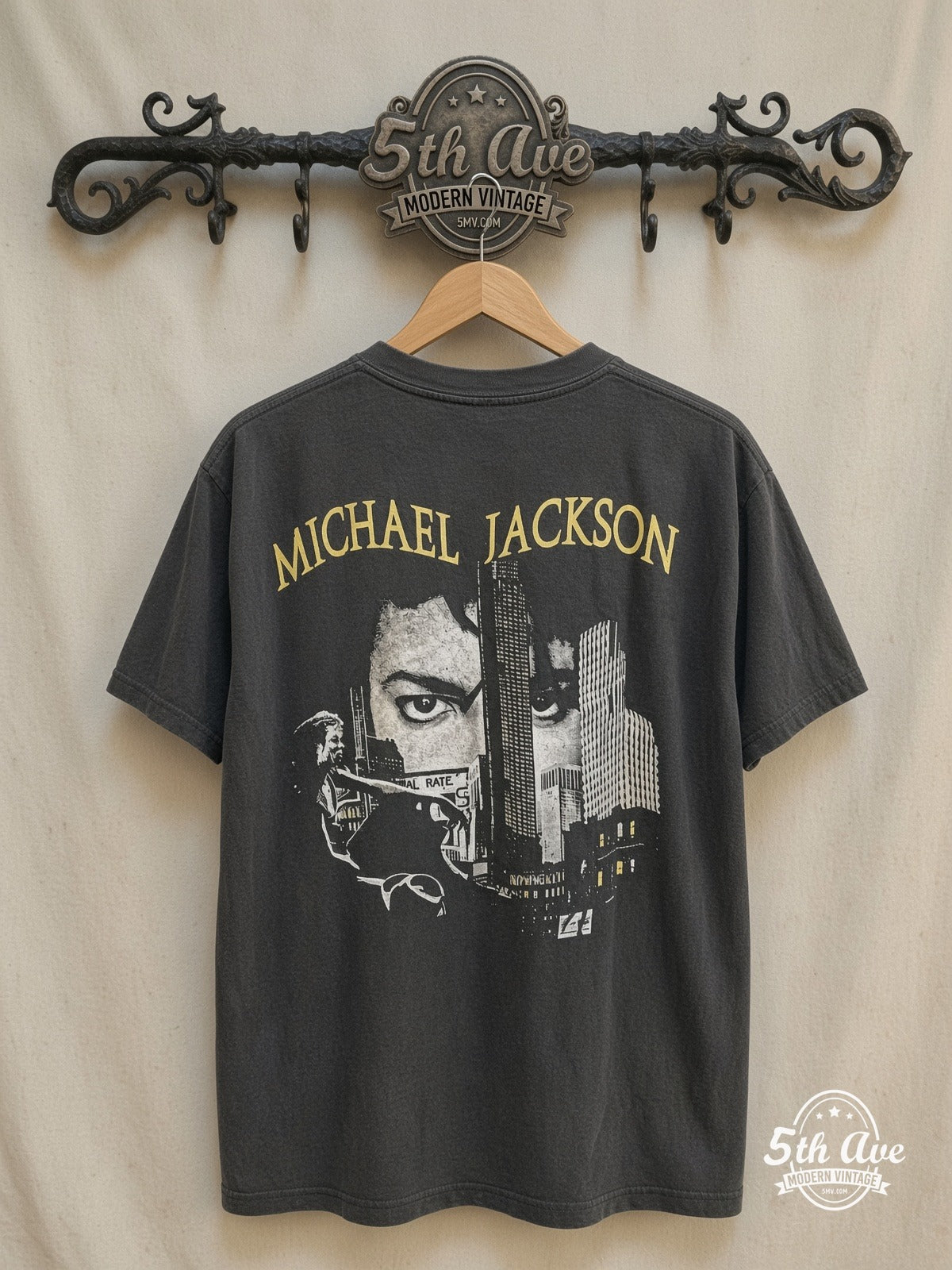 Michael Jackson – Black or White Dangerous World Tour 1993 – Vintage Band T-Shirt — back on locked cream ornate 5th Ave rack