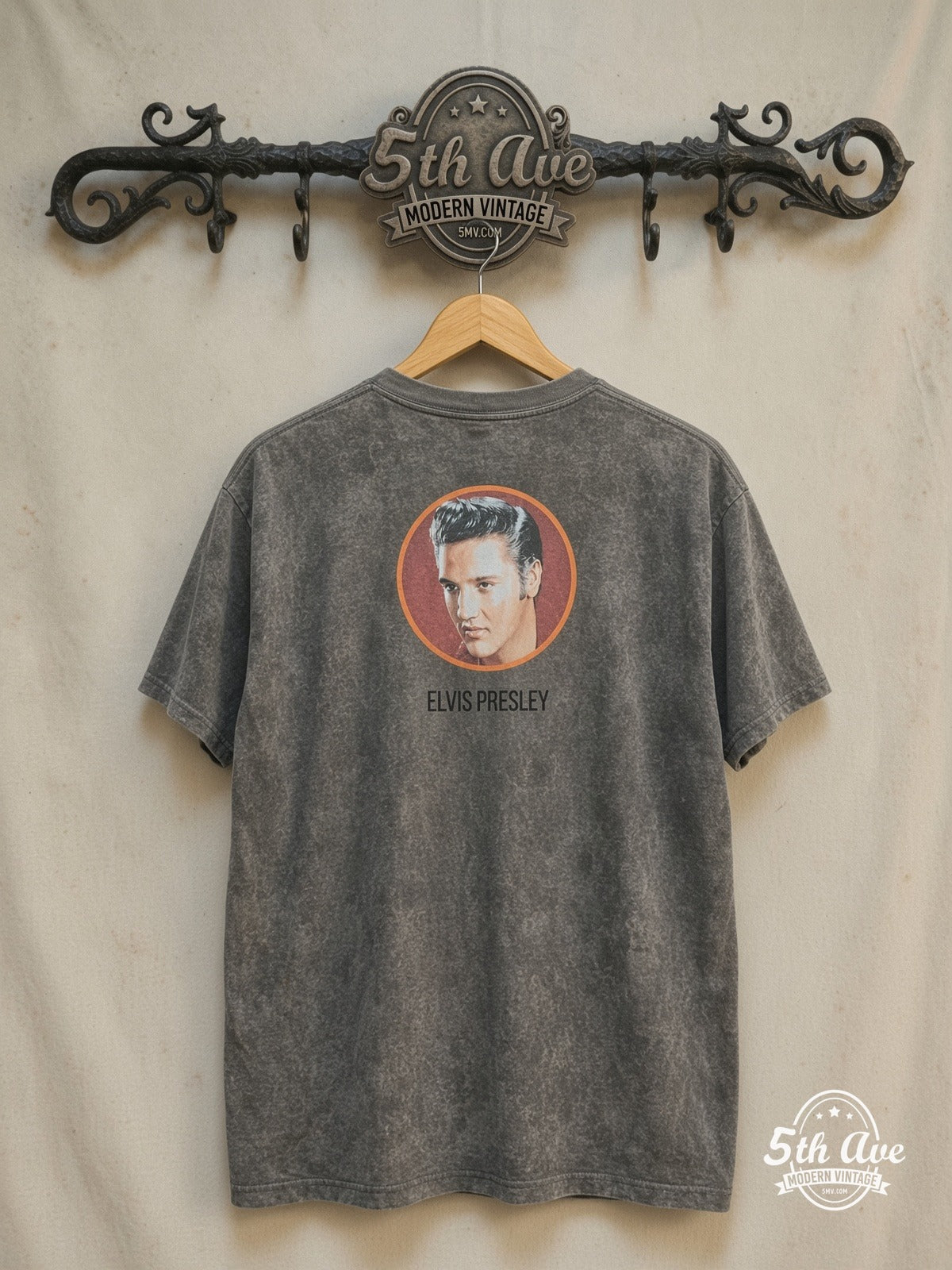 Elvis Presley – King of Rock and Roll – Vintage Band T-Shirt — back on locked cream ornate 5th Ave rack