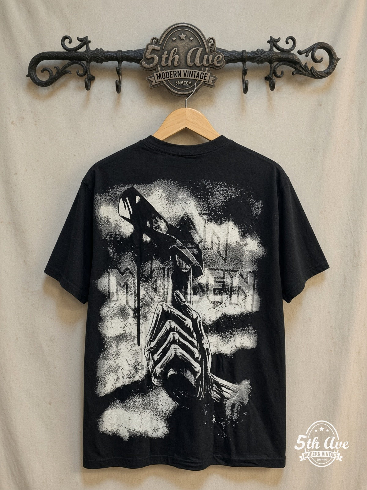 Iron Maiden – Killers Monochrome Eddie Block – Vintage Band T-Shirt — back on locked cream ornate 5th Ave rack