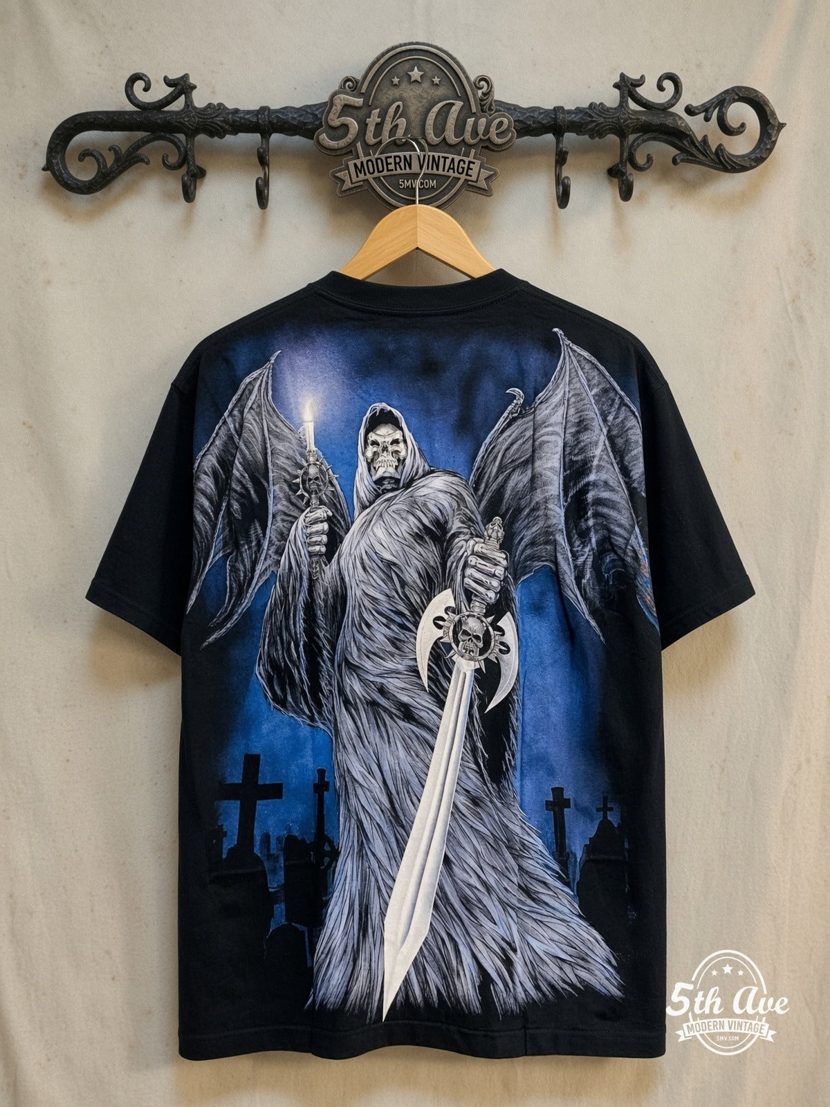 Rock Eagle – All-Over Print Graphic – Vintage Graphic Tee — back on locked cream ornate 5th Ave rack