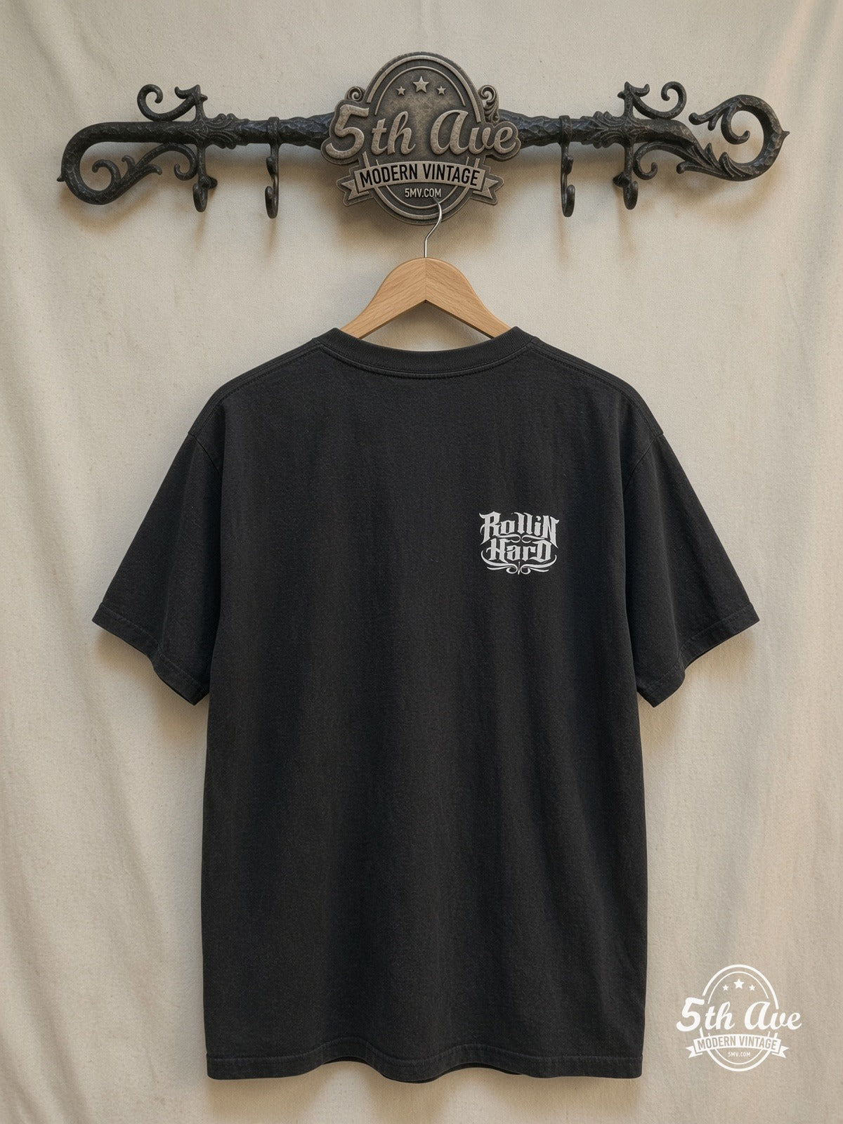 Rollin Hard – Lowrider Dreams and Hydraulic Scenes – Vintage Graphic Tee — back on locked cream ornate 5th Ave rack