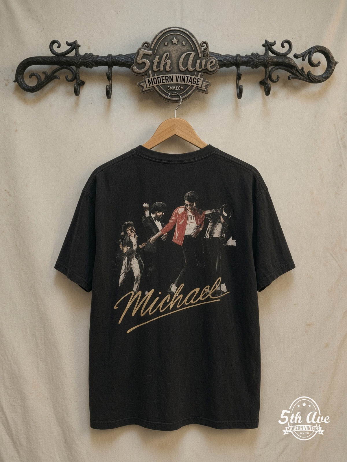 Michael Jackson – Jaafar Jackson Red Jacket Script – Vintage Band T-Shirt — back on locked cream ornate 5th Ave rack