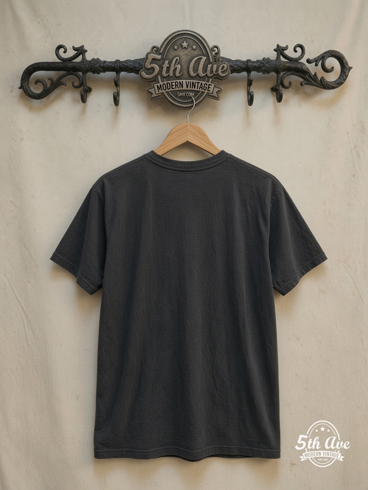 Joy Division – Lead Singer Mic Stand – Vintage Band T-Shirt — back on locked cream ornate 5th Ave rack