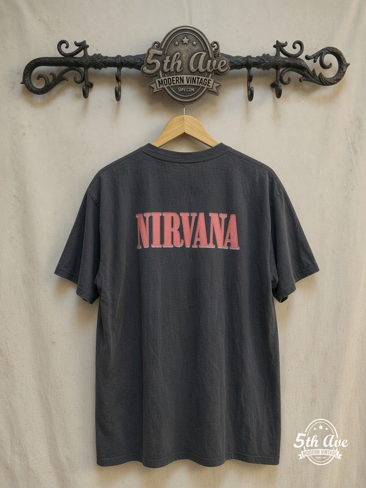 Nirvana – In Utero Red Outline Angel Pink Wings – Vintage Band T-Shirt — back on locked cream ornate 5th Ave rack
