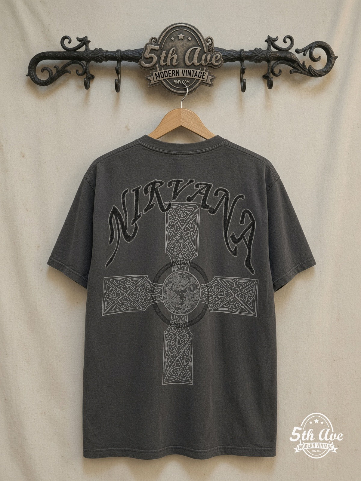 Nirvana – Nevermind Baby & Angels Oval – Vintage Band T-Shirt — back on locked cream ornate 5th Ave rack