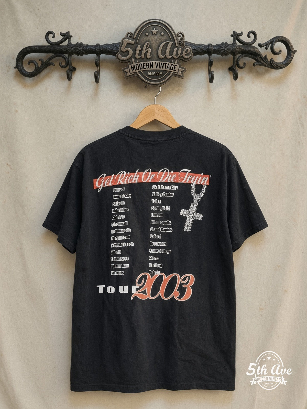 50 Cent – Get Rich or Die Tryin' The Final Lap Tour 2003 – Vintage Band T-Shirt — back on locked cream ornate 5th Ave rack