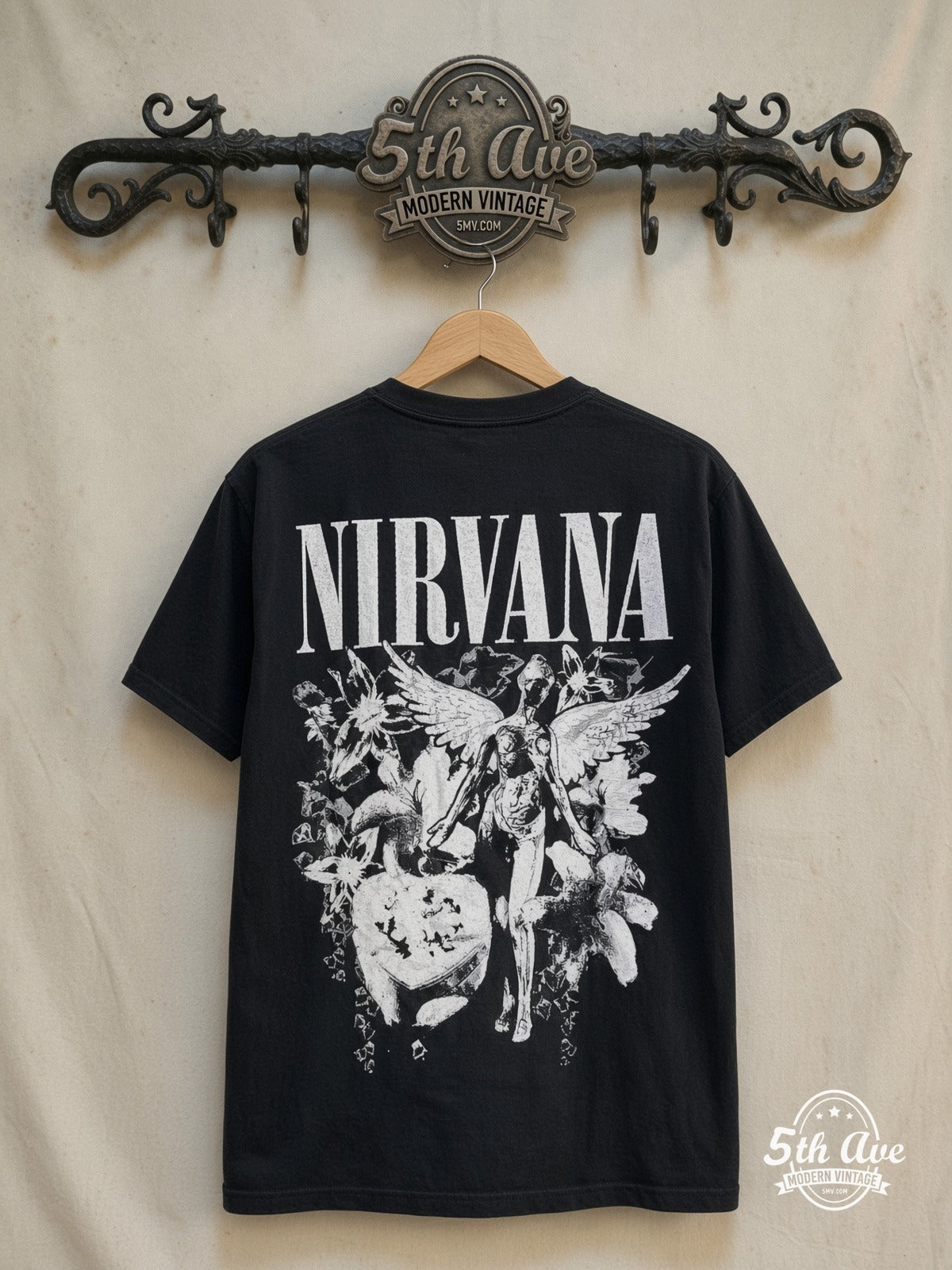 Nirvana – In Utero Colorful Flowers Angel Red Logo – Vintage Band T-Shirt — back on locked cream ornate 5th Ave rack
