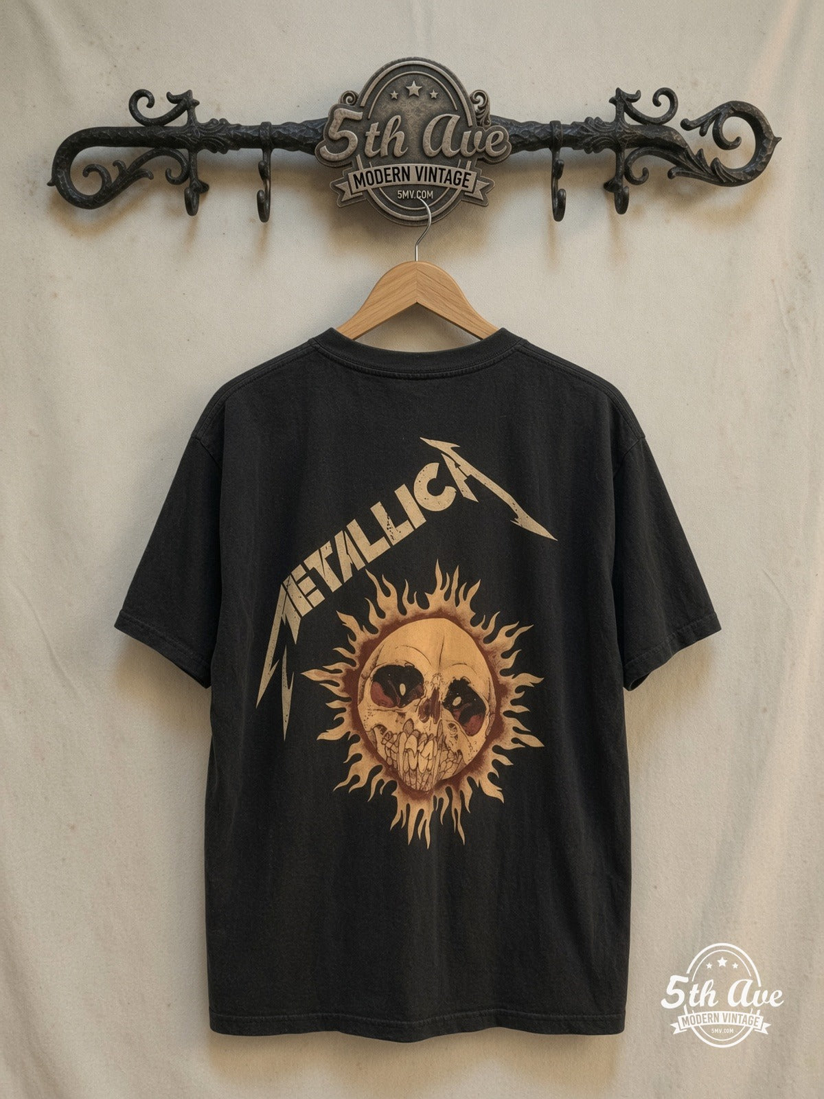Metallica – Inferno Flaming Skull – Vintage Band T-Shirt — back on locked cream ornate 5th Ave rack