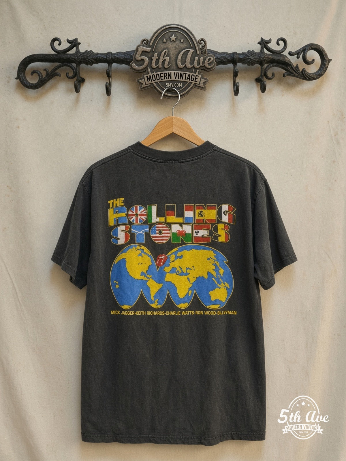 The Rolling Stones – World Tour 1981-1982 – Vintage Band T-Shirt — back on locked cream ornate 5th Ave rack