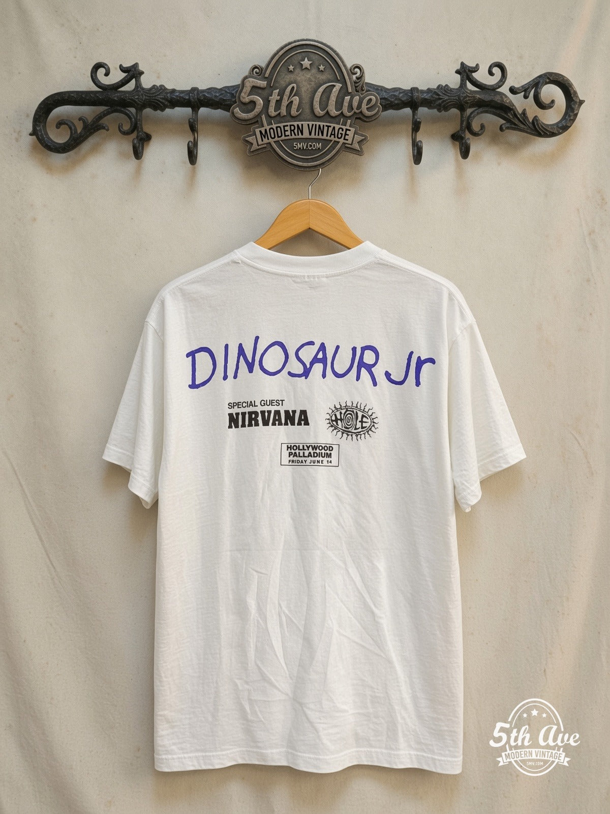 Dinosaur Jr. 'With Special Guests NIRVANA' - Vintage Reprint Band T-Shirt — back on locked cream ornate 5th Ave rack