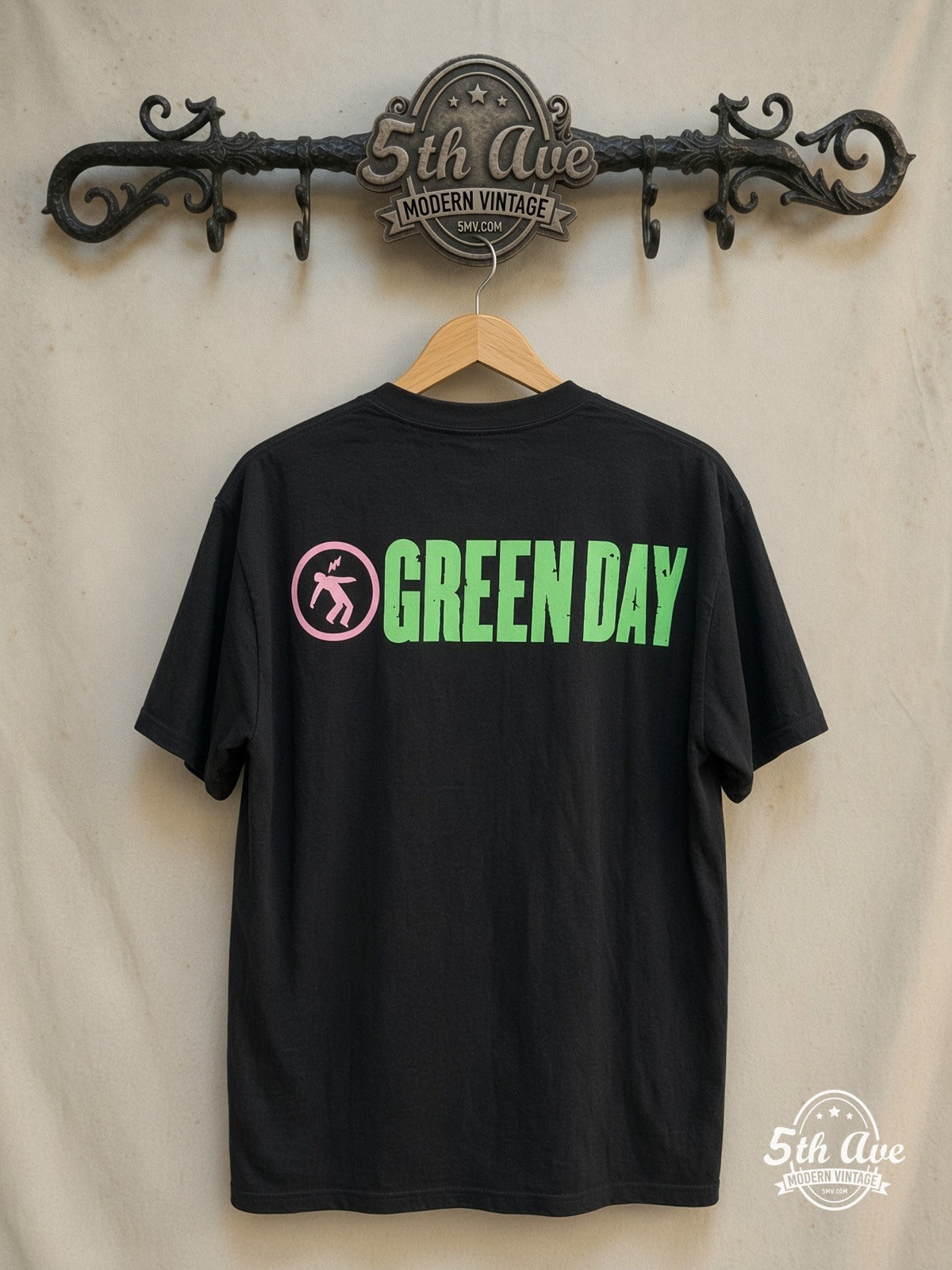 Green Day – Warning – Vintage Band T-Shirt — back on locked cream ornate 5th Ave rack