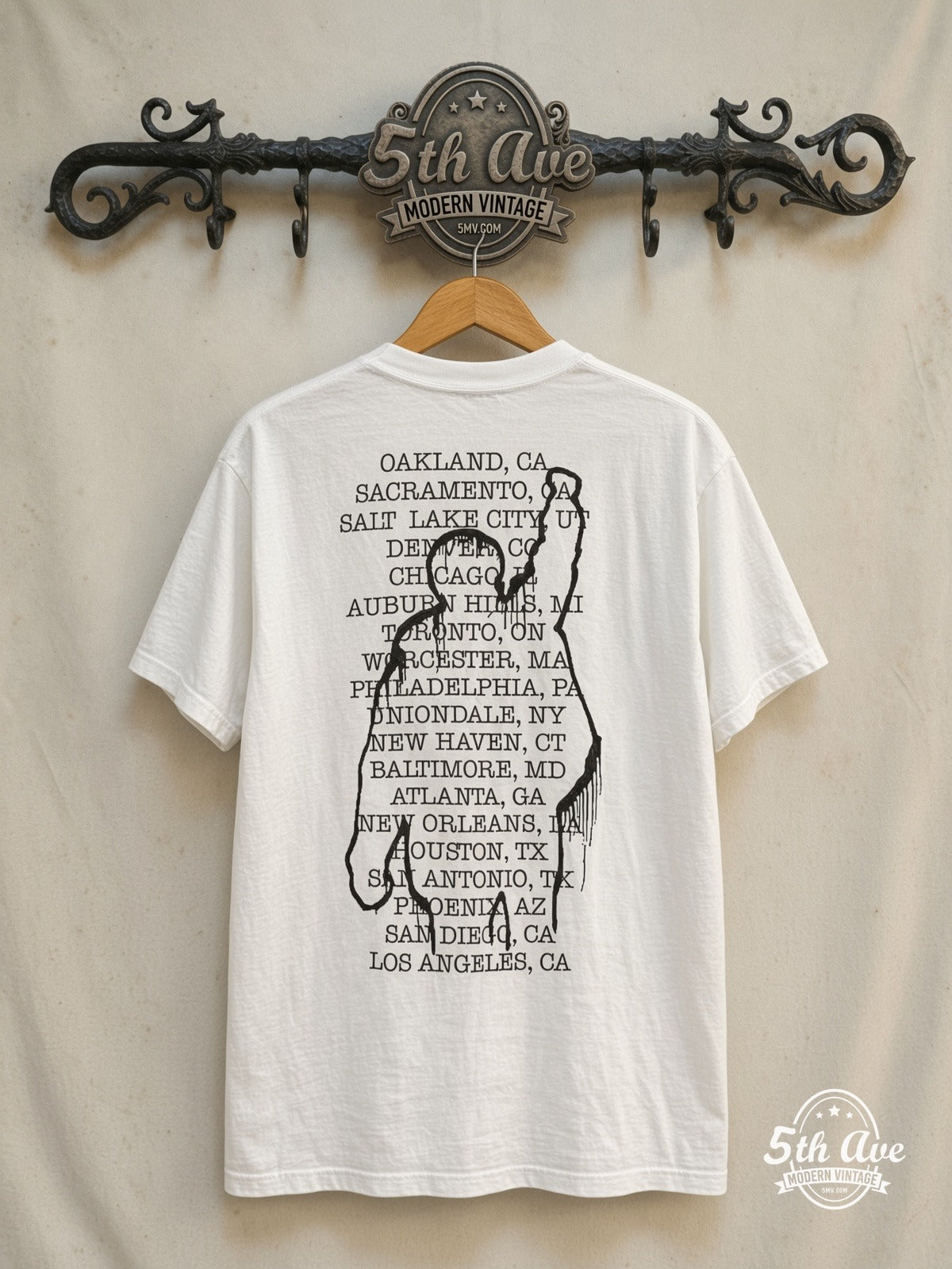 Rage Against the Machine – The Battle of Los Angeles Blue City List – Vintage Band T-Shirt — back on locked cream ornate 5th Ave rack