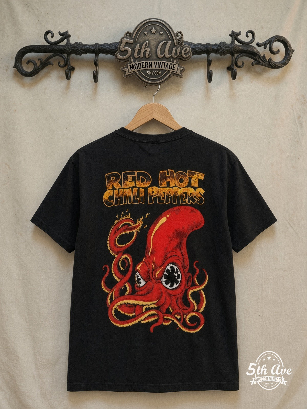 Red Hot Chili Peppers – Octopus – Vintage Band T-Shirt — back on locked cream ornate 5th Ave rack
