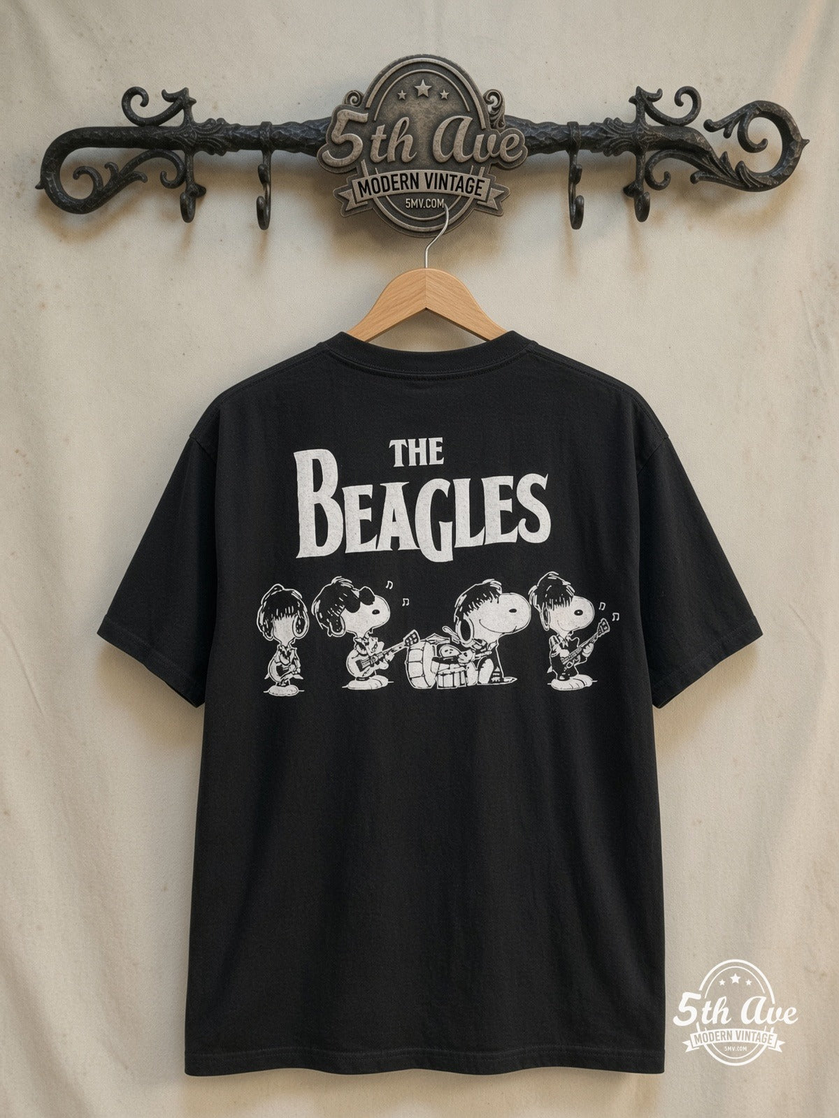 Peanuts x The Beatles – The Beagles – New Vintage Graphic Tee — back on locked cream ornate 5th Ave rack