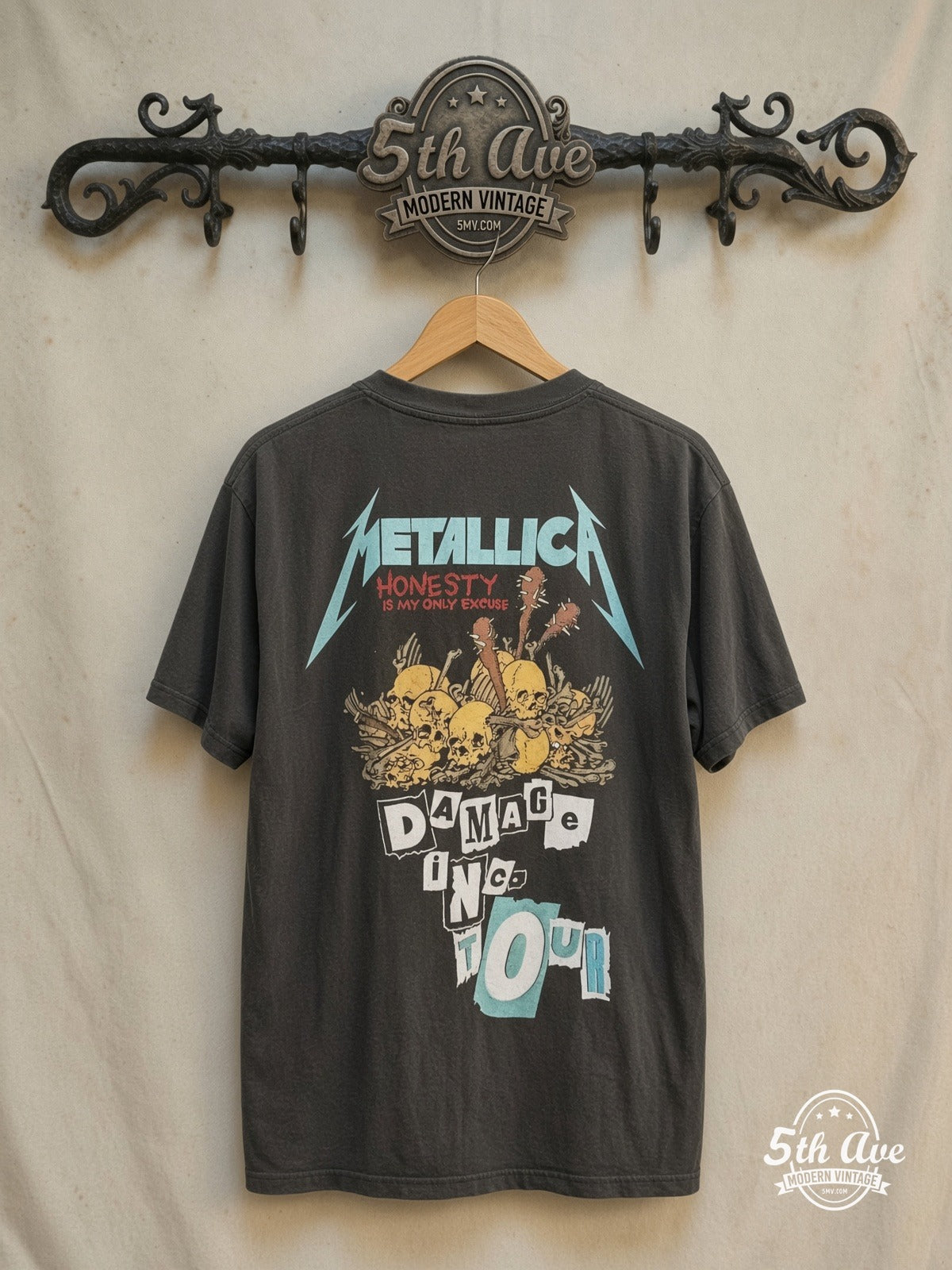 Metallica – Damage Inc. Red Crown Pushead Skull – Vintage Band T-Shirt — back on locked cream ornate 5th Ave rack
