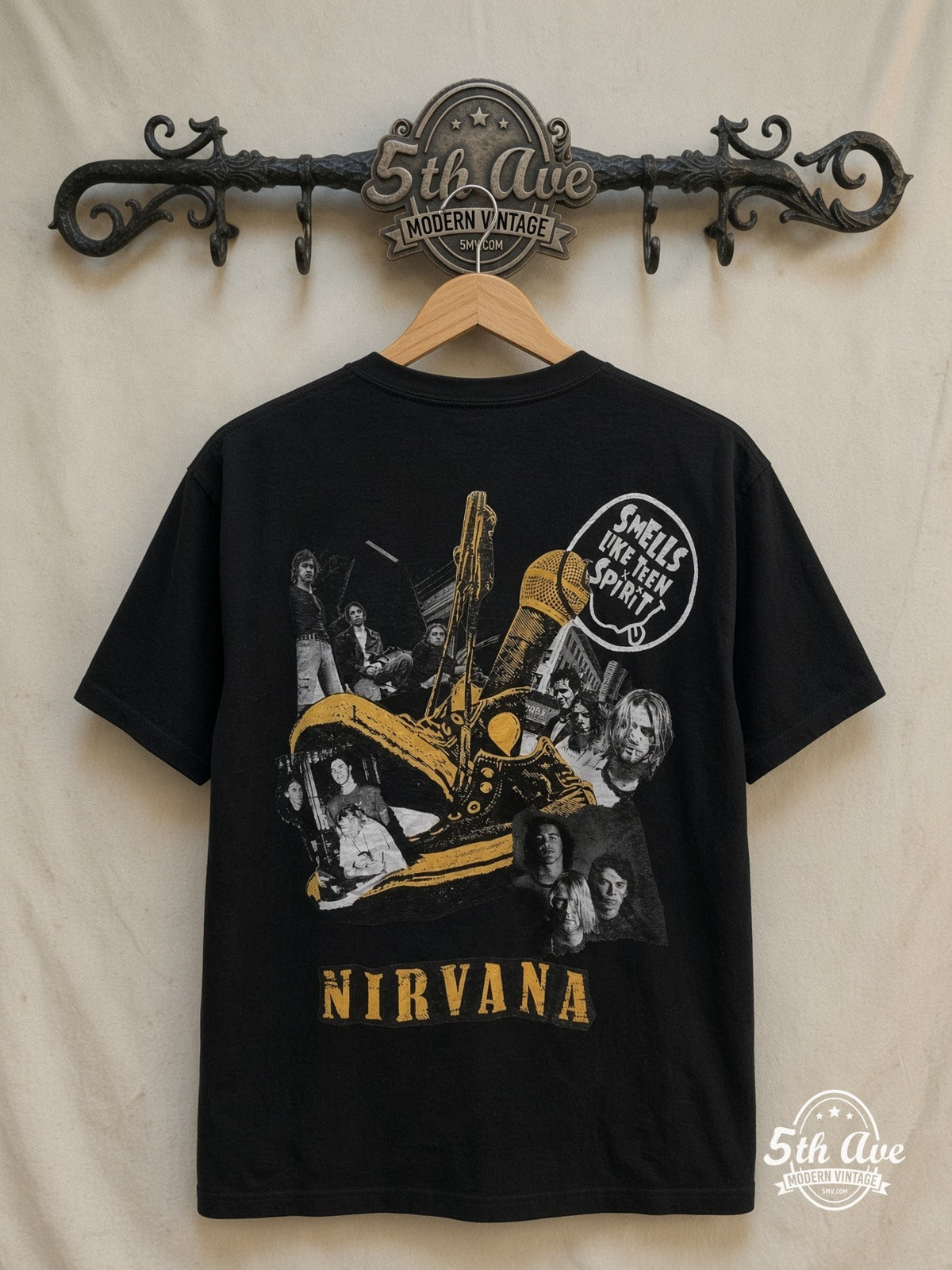 Nirvana – Smells Like Teen Spirit Sunflower Collage White – Vintage Band T-Shirt — back on locked cream ornate 5th Ave rack