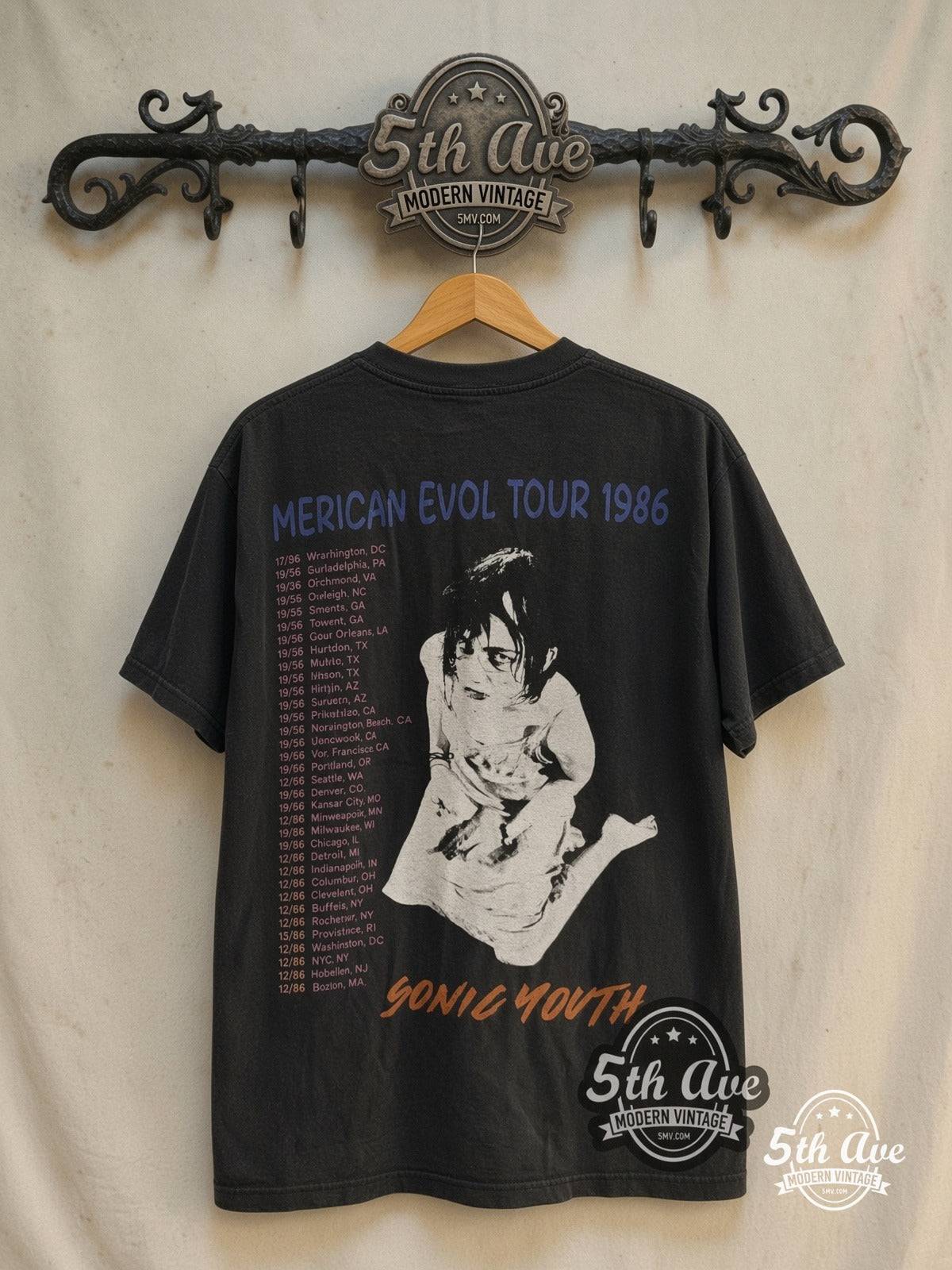Sonic Youth – Evol Tour 1986 – Vintage Band T-Shirt — back on locked cream ornate 5th Ave rack