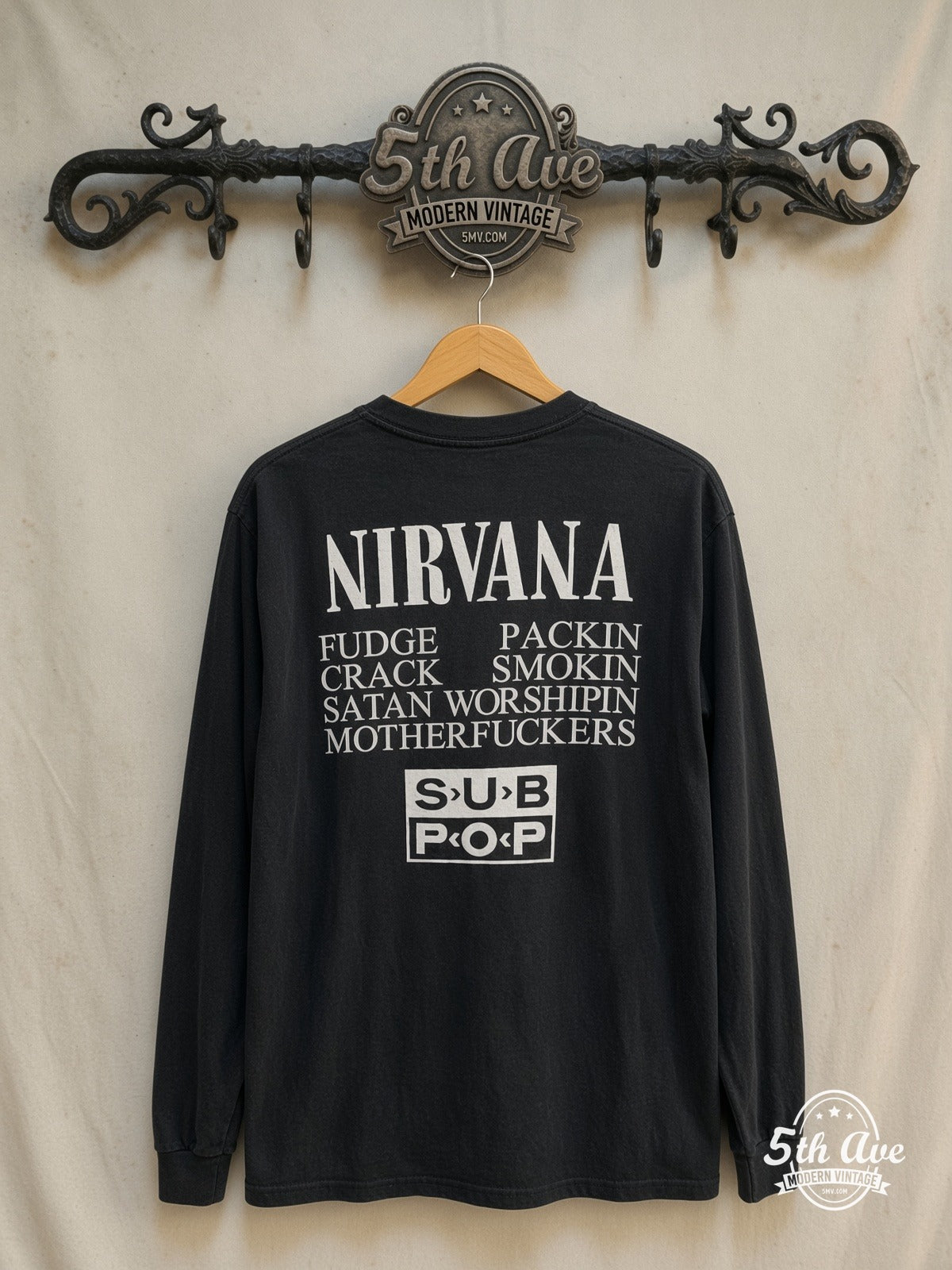 Nirvana – Circles of Hell / Dante’s Inferno – Vintage Band T-Shirt — back on locked cream ornate 5th Ave rack