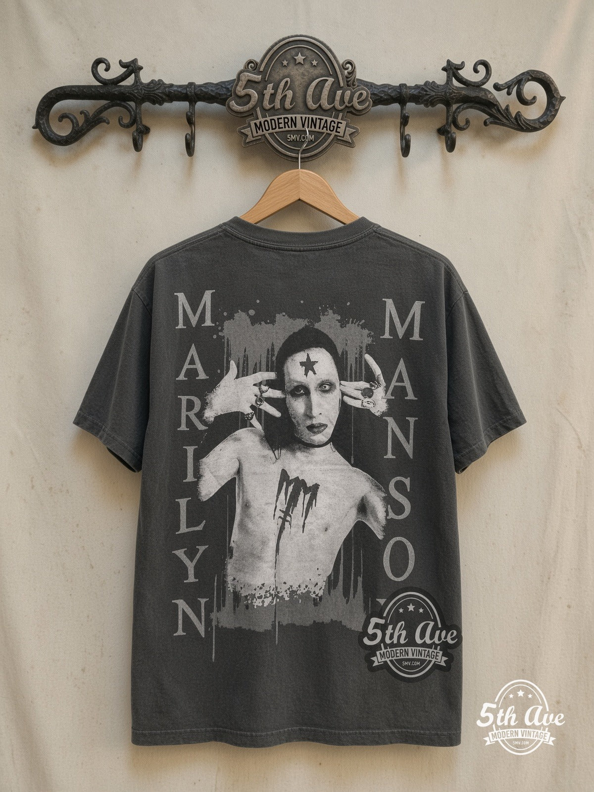 Marilyn Manson – All Album List – Vintage Band T-Shirt — back on locked cream ornate 5th Ave rack