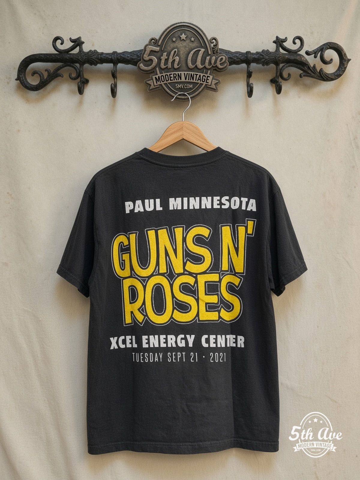 Peanuts – Guns N' Roses x Snoopy 'WE'RE F'N BACK! – New Vintage Graphic Tee — back on locked cream ornate 5th Ave rack