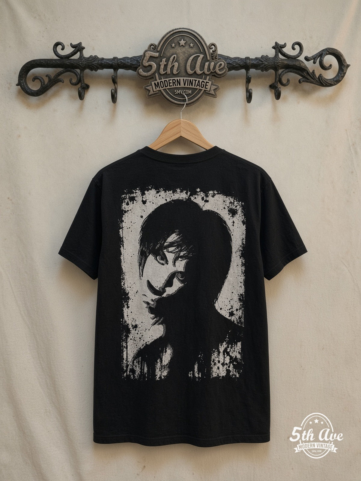 The Cure all over print T-Shirt — back on locked cream ornate 5th Ave rack