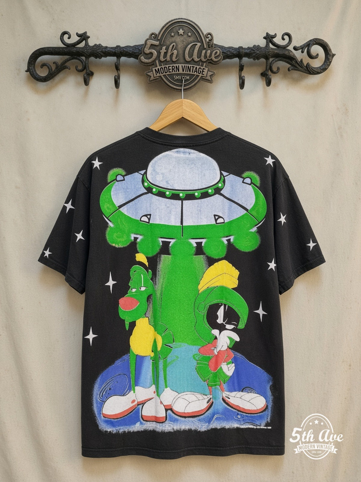Looney Tunes – Marvin the Martian – All Over Print – New Vintage Graphic Tee — back on locked cream ornate 5th Ave rack