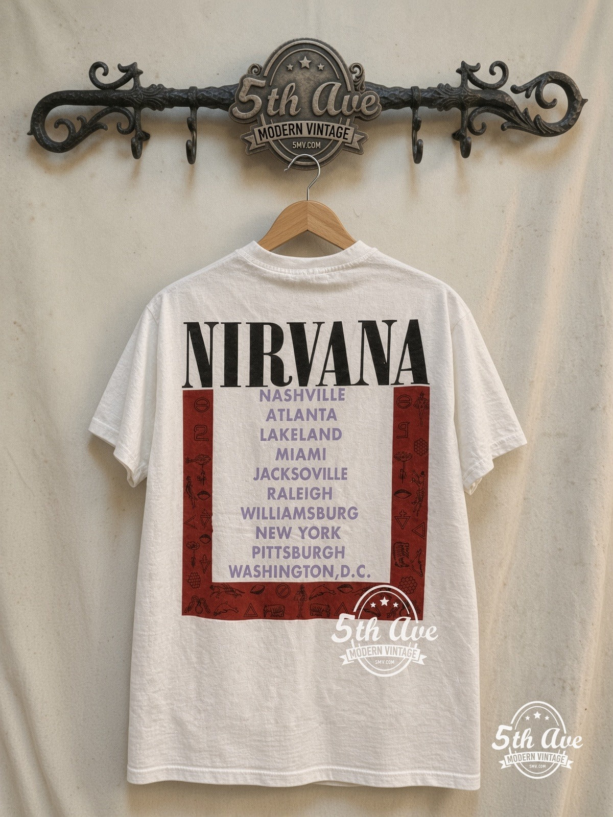 Nirvana – In Utero Tour 1993 – Vintage Band T-Shirt — back on locked cream ornate 5th Ave rack