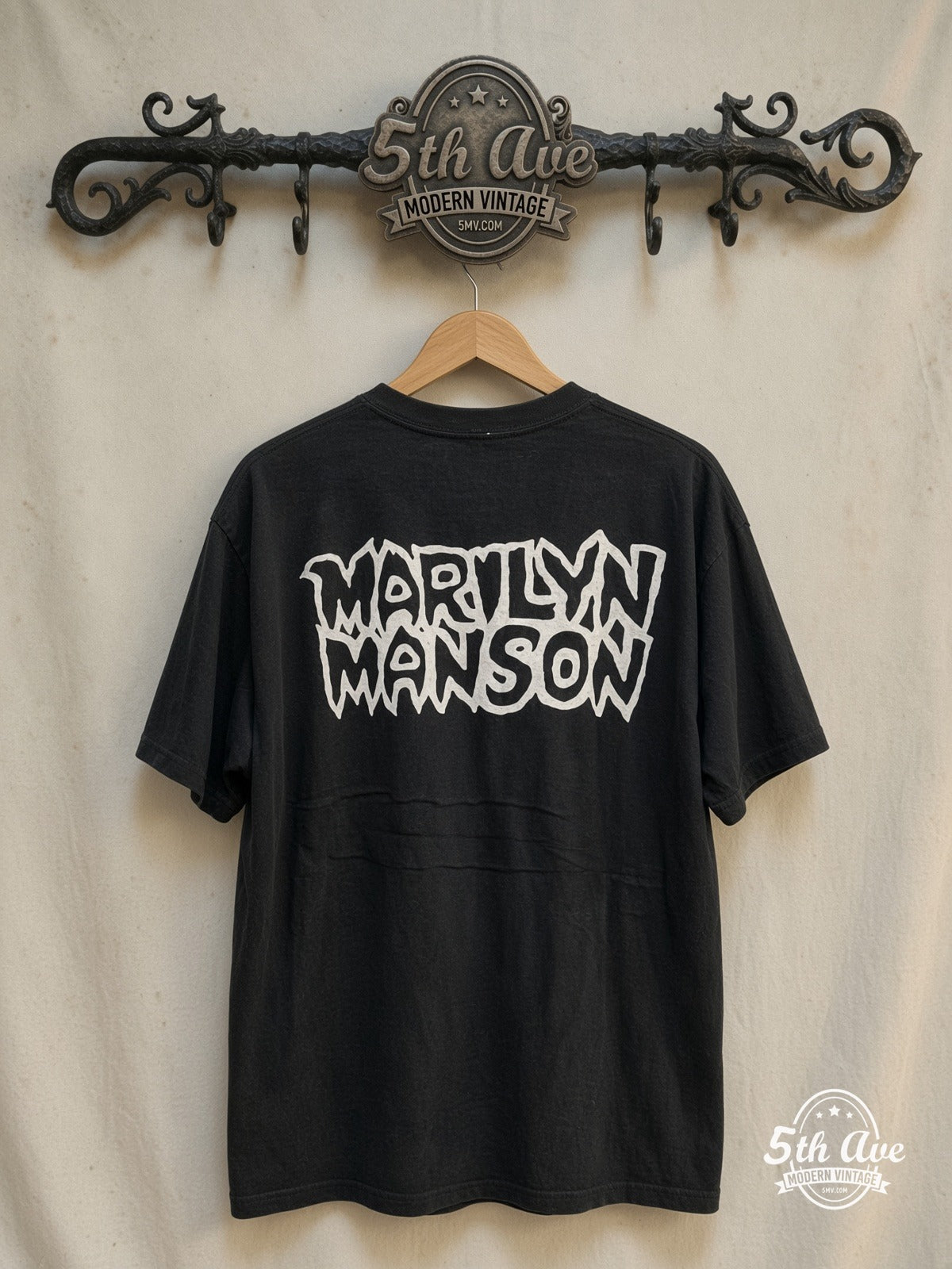 Marilyn Manson – Dope Hat – Vintage Band T-Shirt — back on locked cream ornate 5th Ave rack