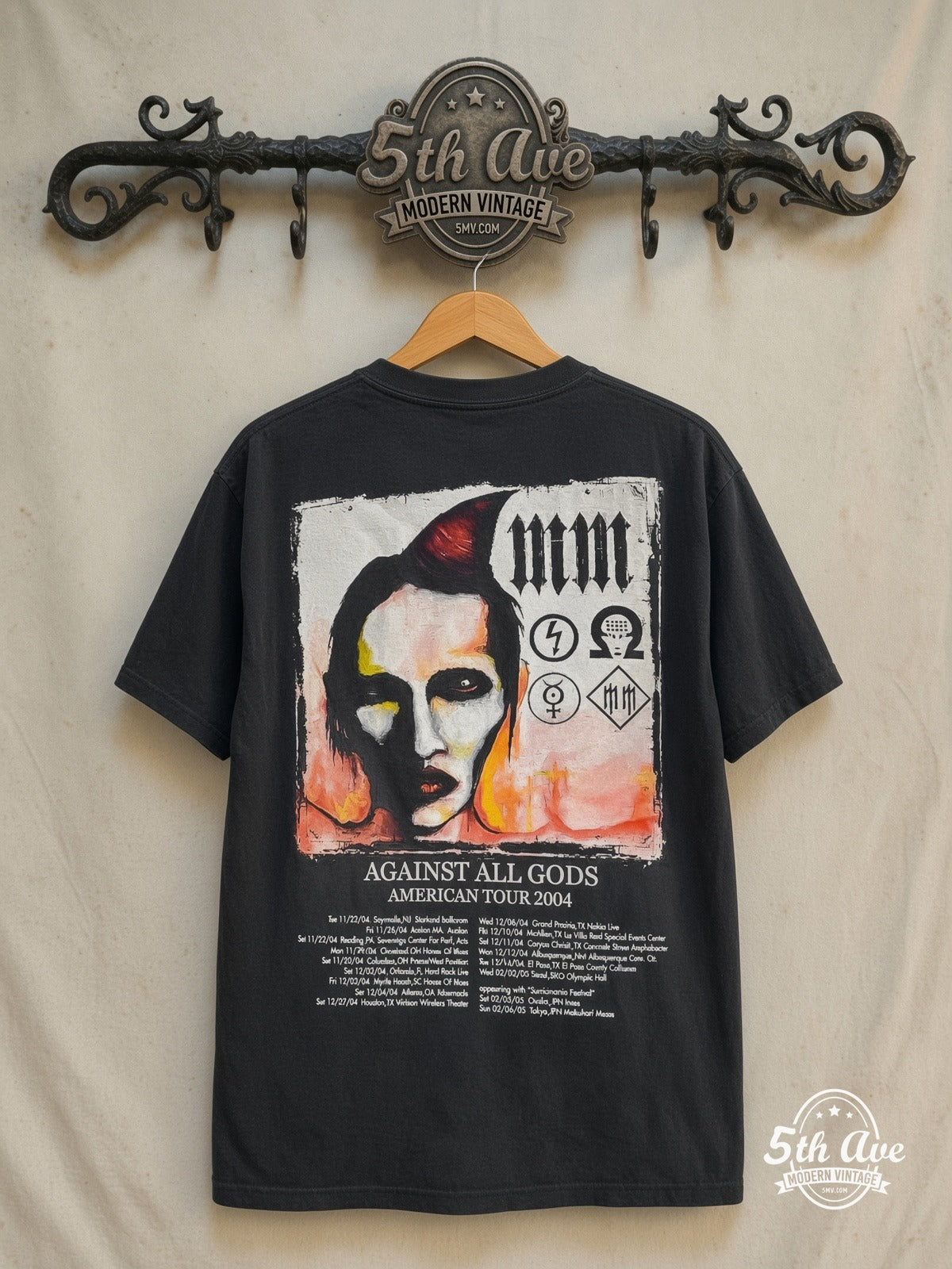 Marilyn Manson – Against All Gods American Tour 2004 – Vintage Band T-Shirt — back on locked cream ornate 5th Ave rack