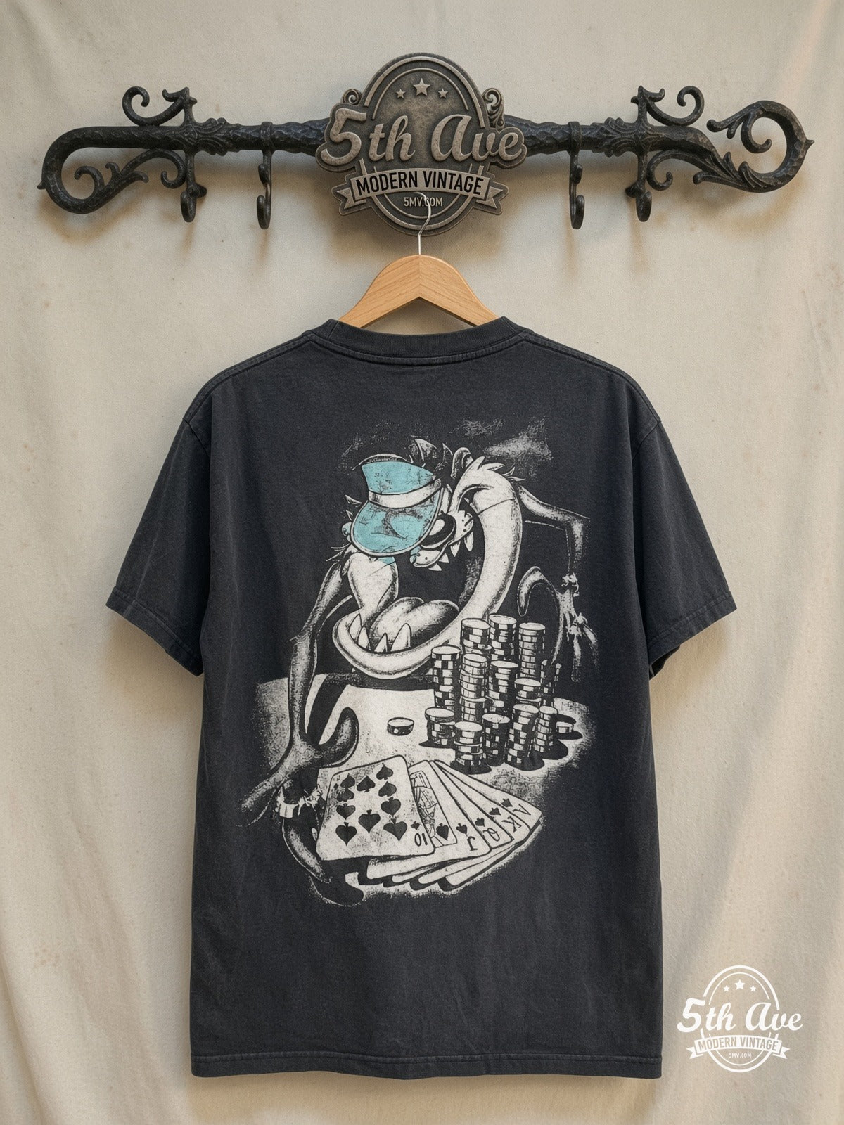 Looney Tunes – Taz-Mania Poker All-Over Print – New Vintage Graphic Tee — back on locked cream ornate 5th Ave rack