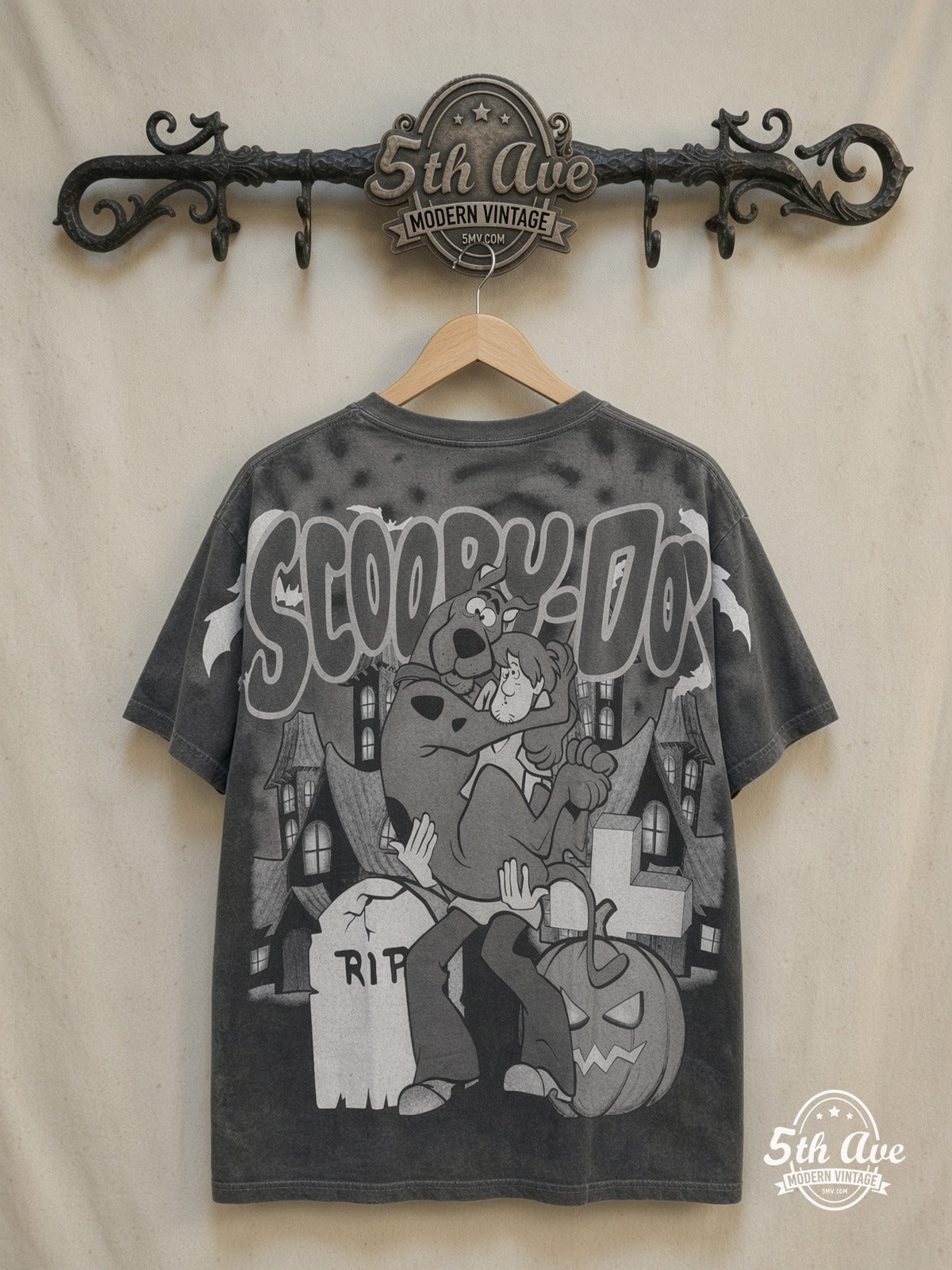Scooby-Doo Action-Packed T-Shirt: Embrace Mystery and Adventure – New Vintage Graphic Tee — back on locked cream ornate 5th Ave rack