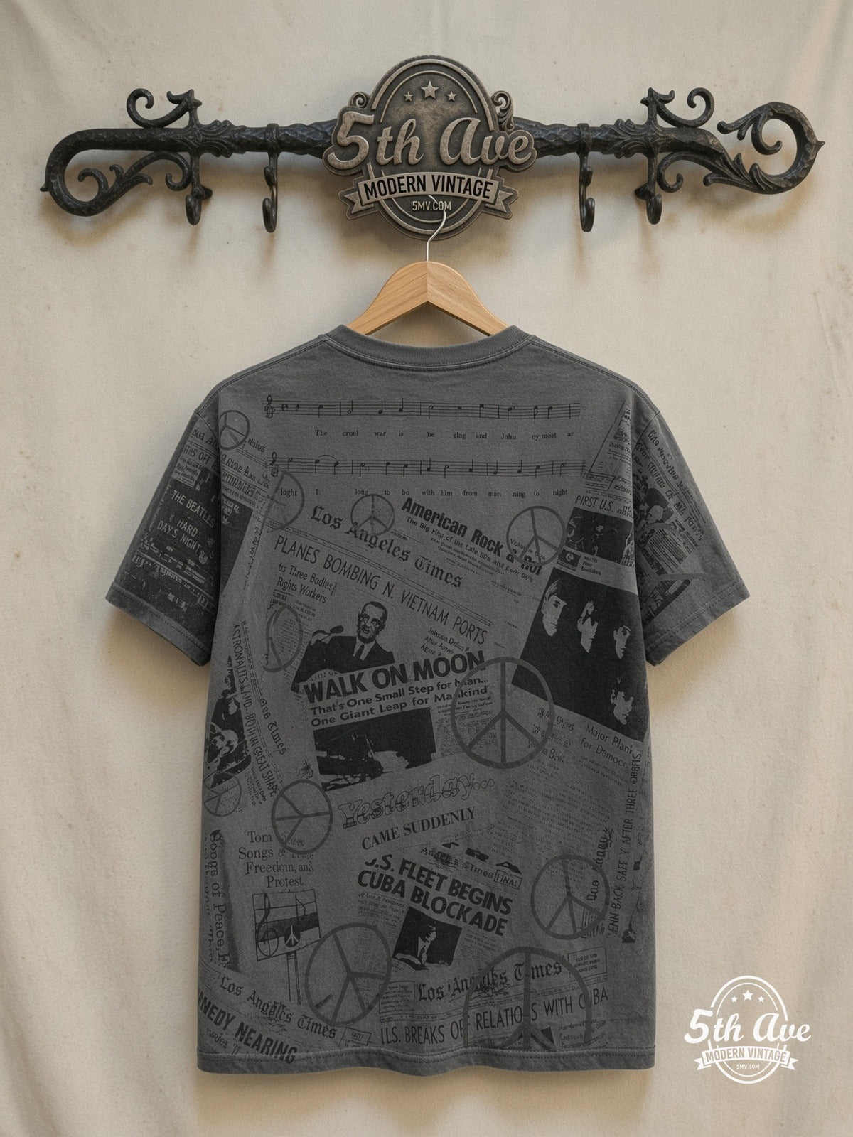 60s Pop Culture – Tie Dye Collage – Vintage Graphic Tee — back on locked cream ornate 5th Ave rack